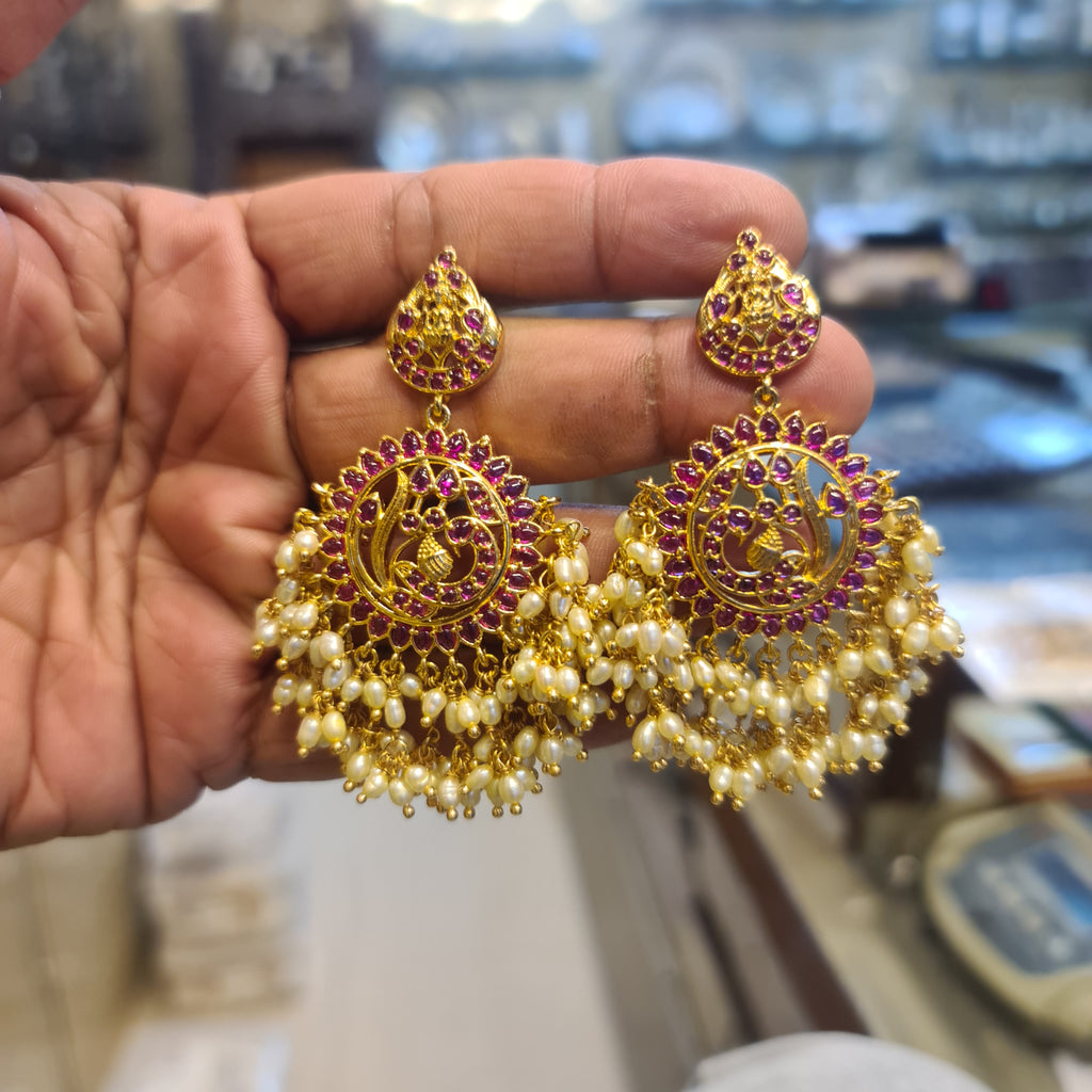 Jadau Kempu Chandbali Earrings | Real Rice Pearls | Screw Back | Peacock Design