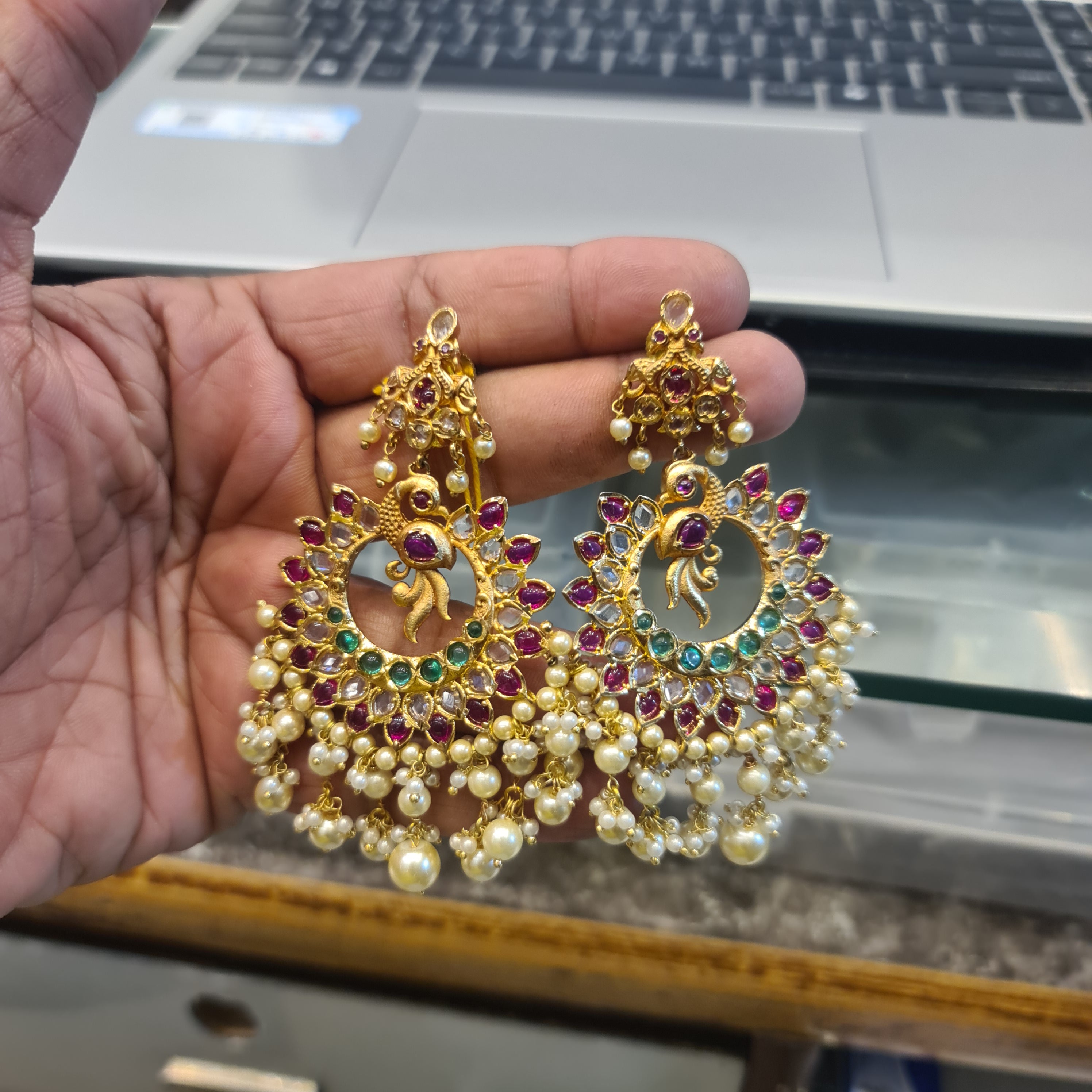 Kempu Polki Chandbali Earrings with Pearl Drops | Antique Gold Finish