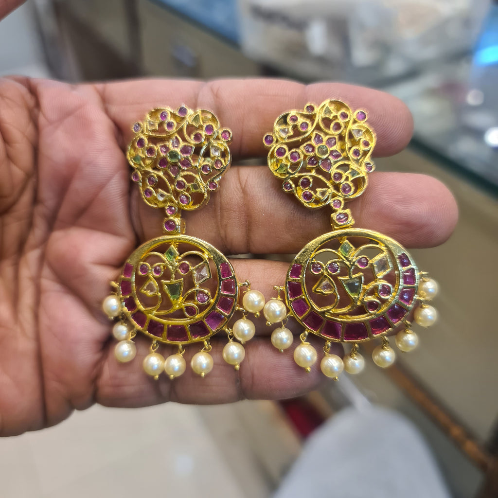 Kempu Chandbali Earrings with Lotus Motif & Pearl Drops | 22K Gold Finish