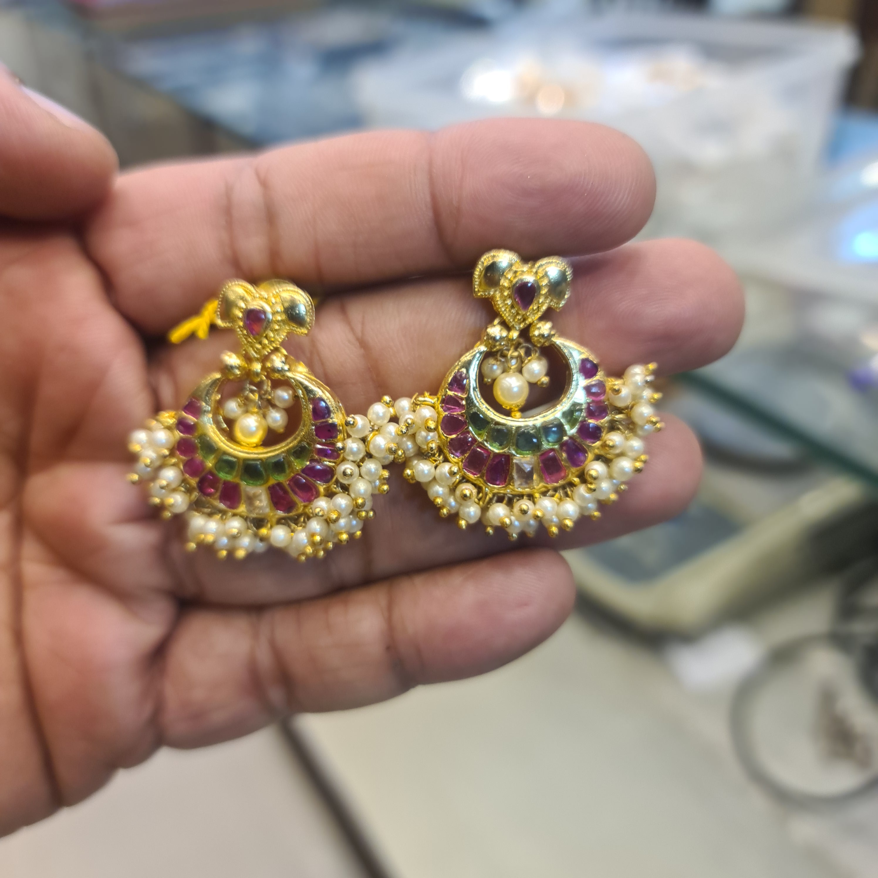 Kempu Chandbali Earrings with Heart Top & Pearl Fringe | 22K Gold Finish