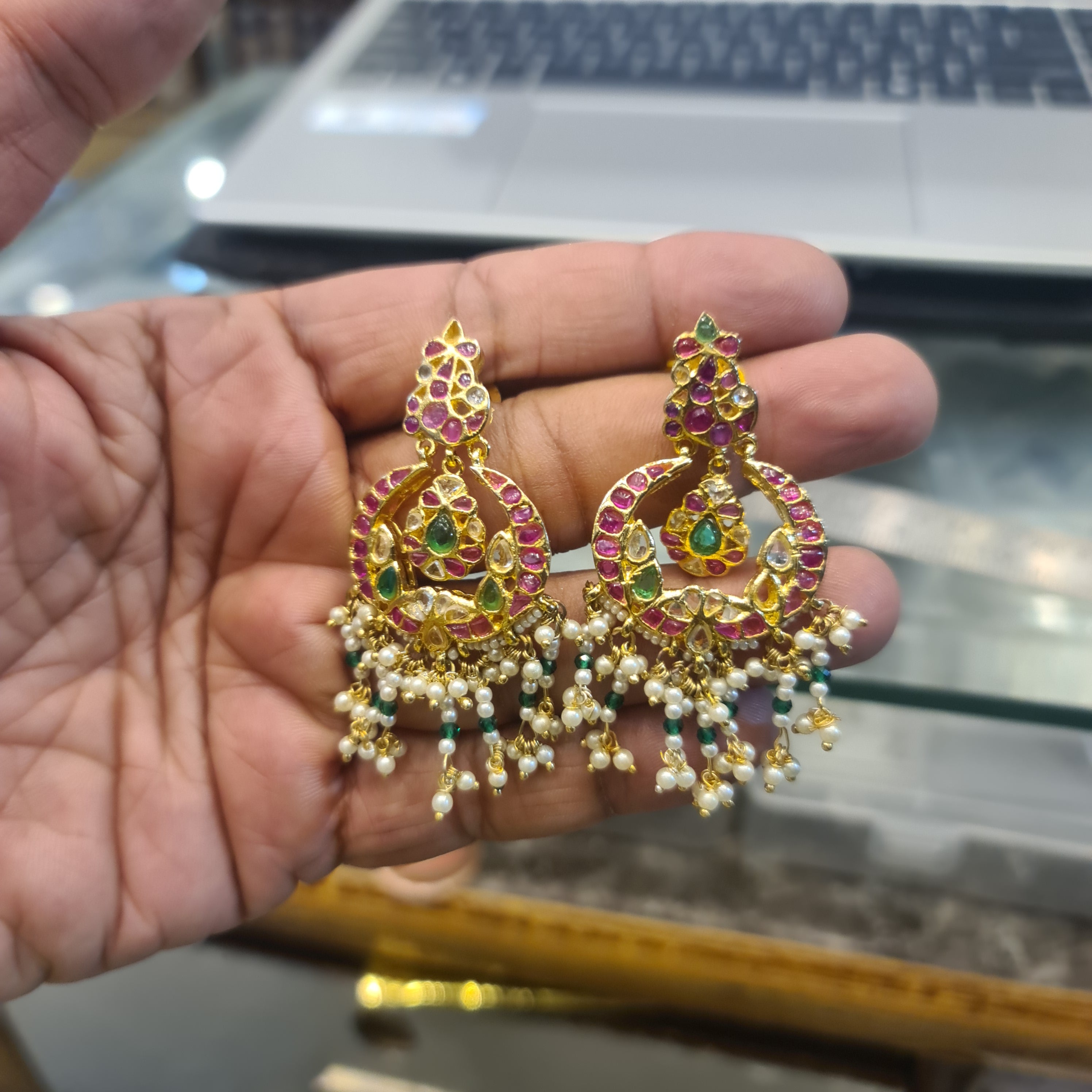 Kempu Polki Chandbali Earrings with Peacock Top & Pearl Drops | 22K Gold Finish