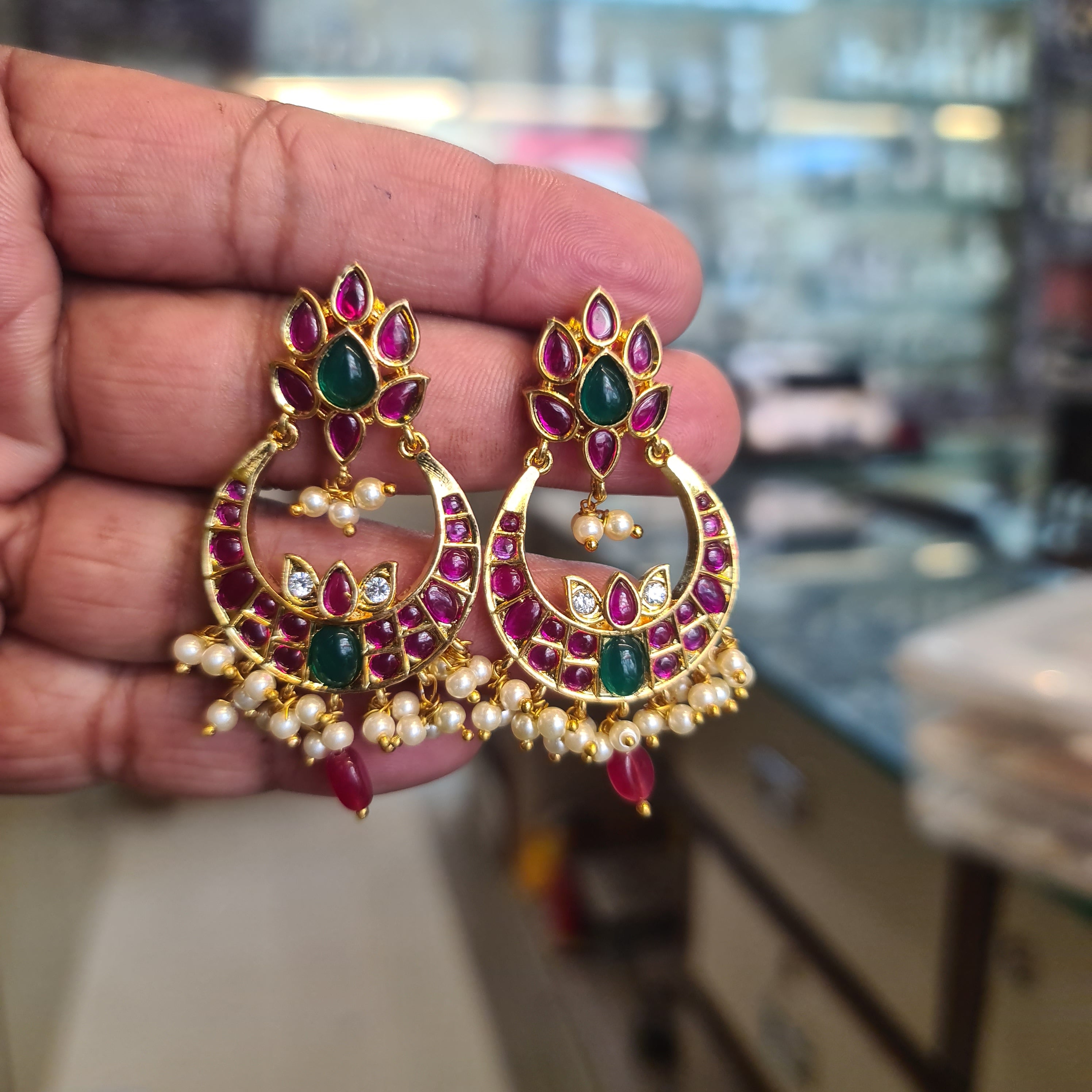 Kempu Chandbali Earrings – Push Back | Ruby & Emerald Stone with Pearl Drops
