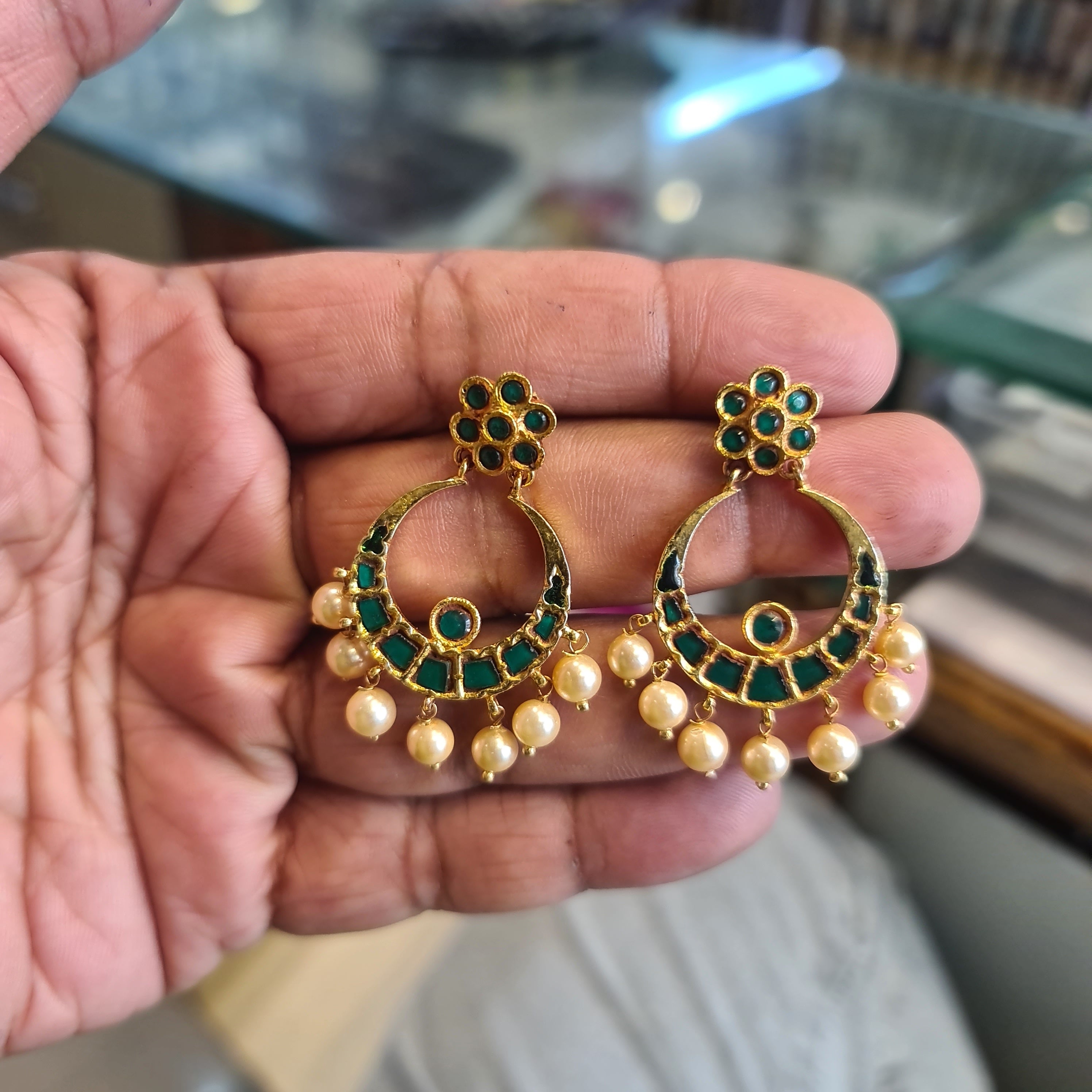 Emerald Chandbali Earrings – Push Back | Green Stone with Pearl Drops