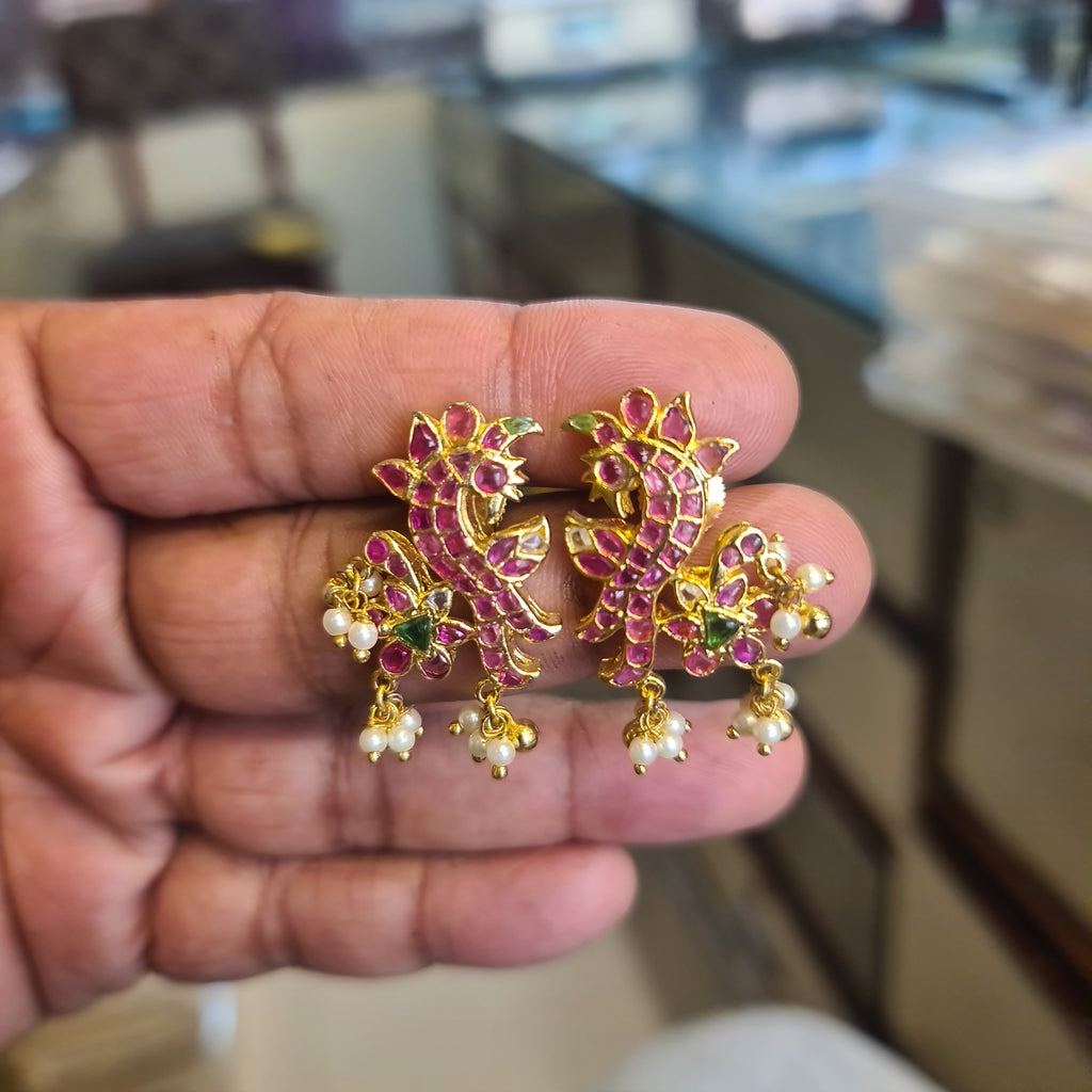 Kempu Peacock Studs – Push Back | Ruby Red Stone with Pearl Drops
