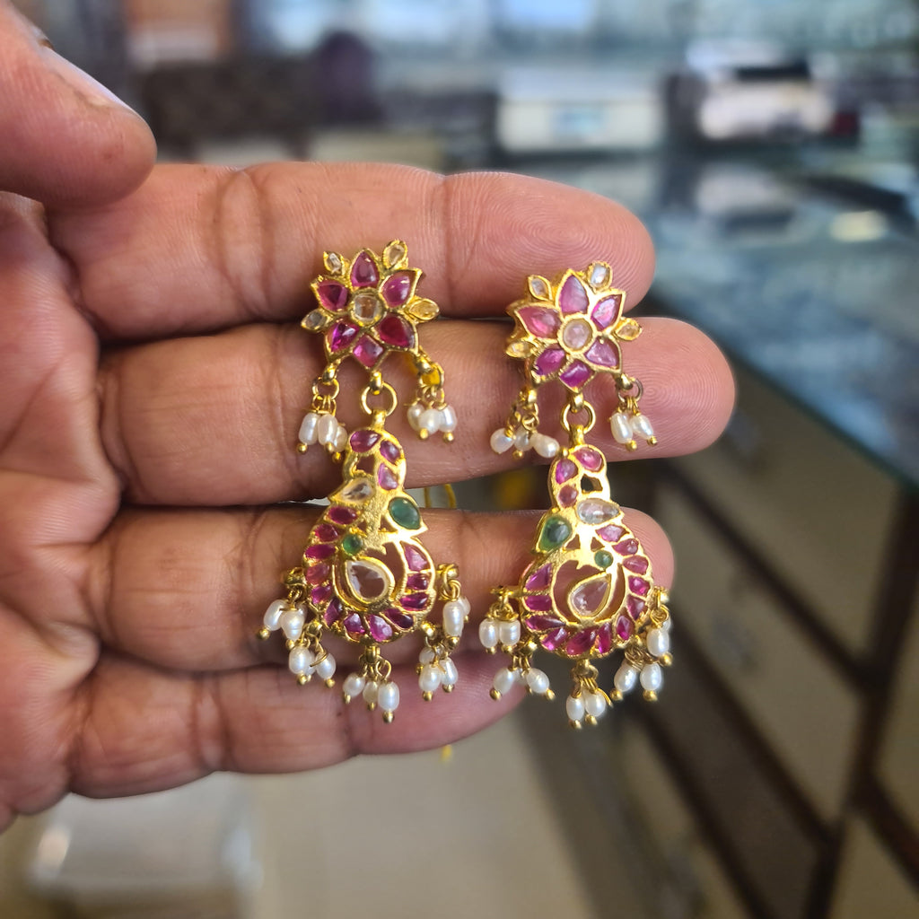 Kempu Peacock Dangler Earrings – Push Back | Ruby Red Stone with Pearl Drops