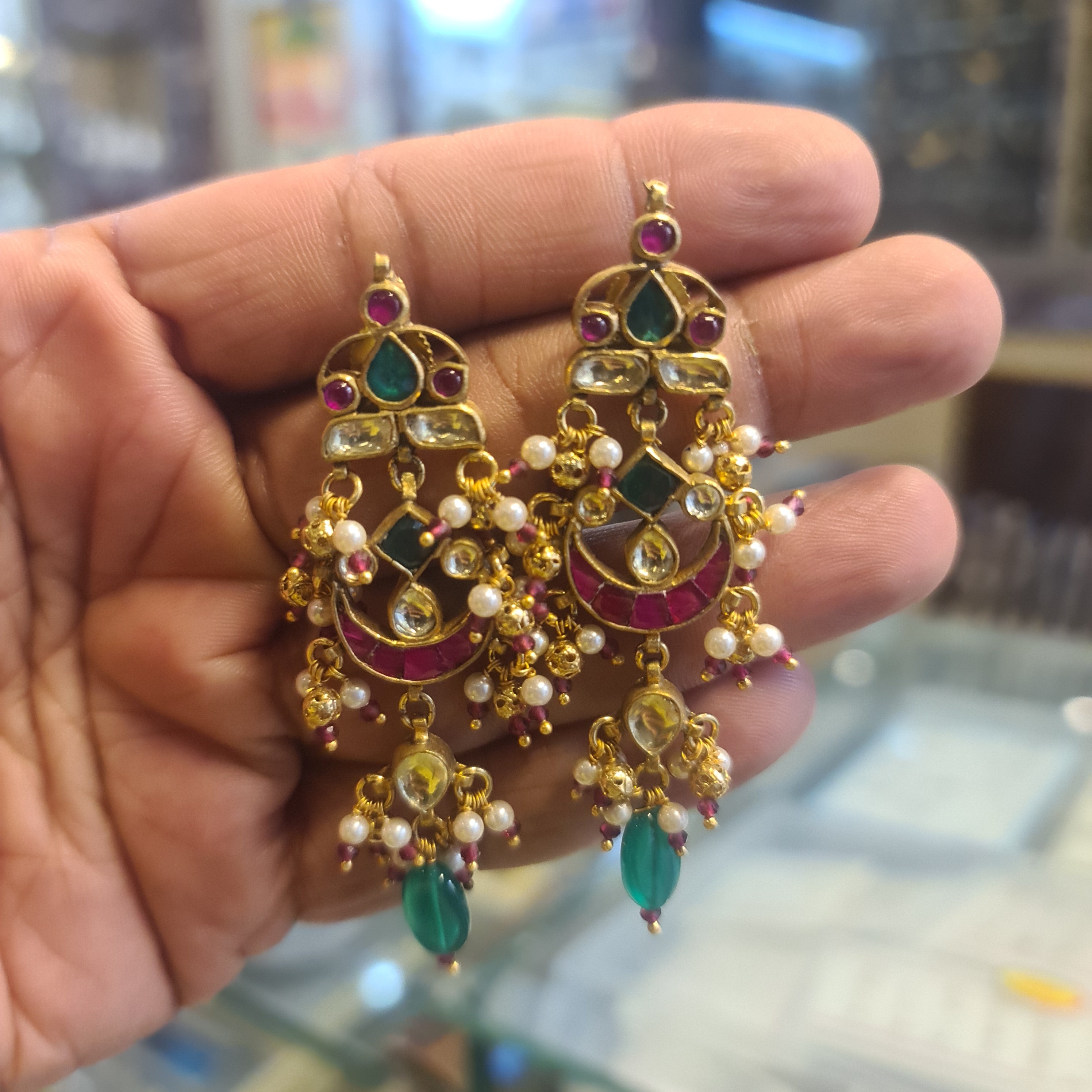 Jadau Kundan Earrings – Push Back | Polki Stone with Pearl & Emerald Drops