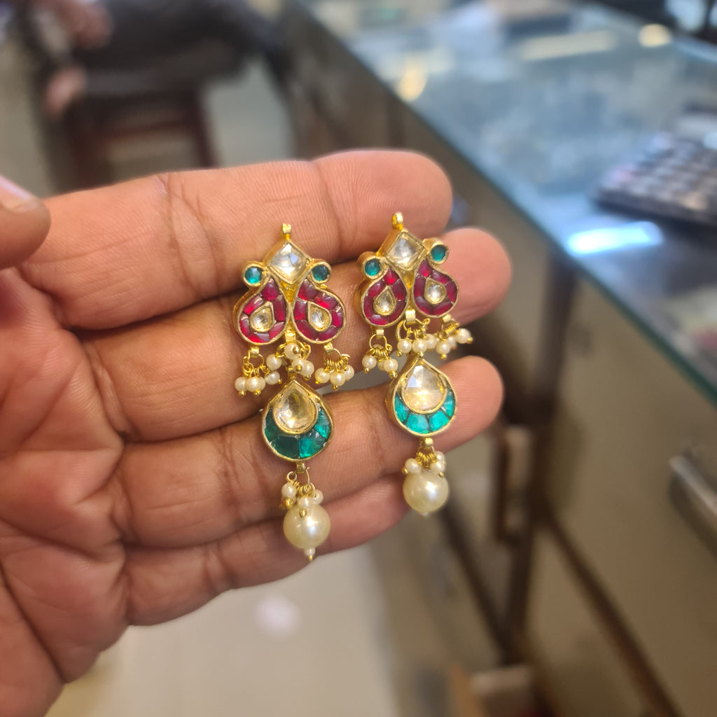 Jadau Kundan Earrings – Push Back | Ruby Red & Teal Enamel with Pearl Drop