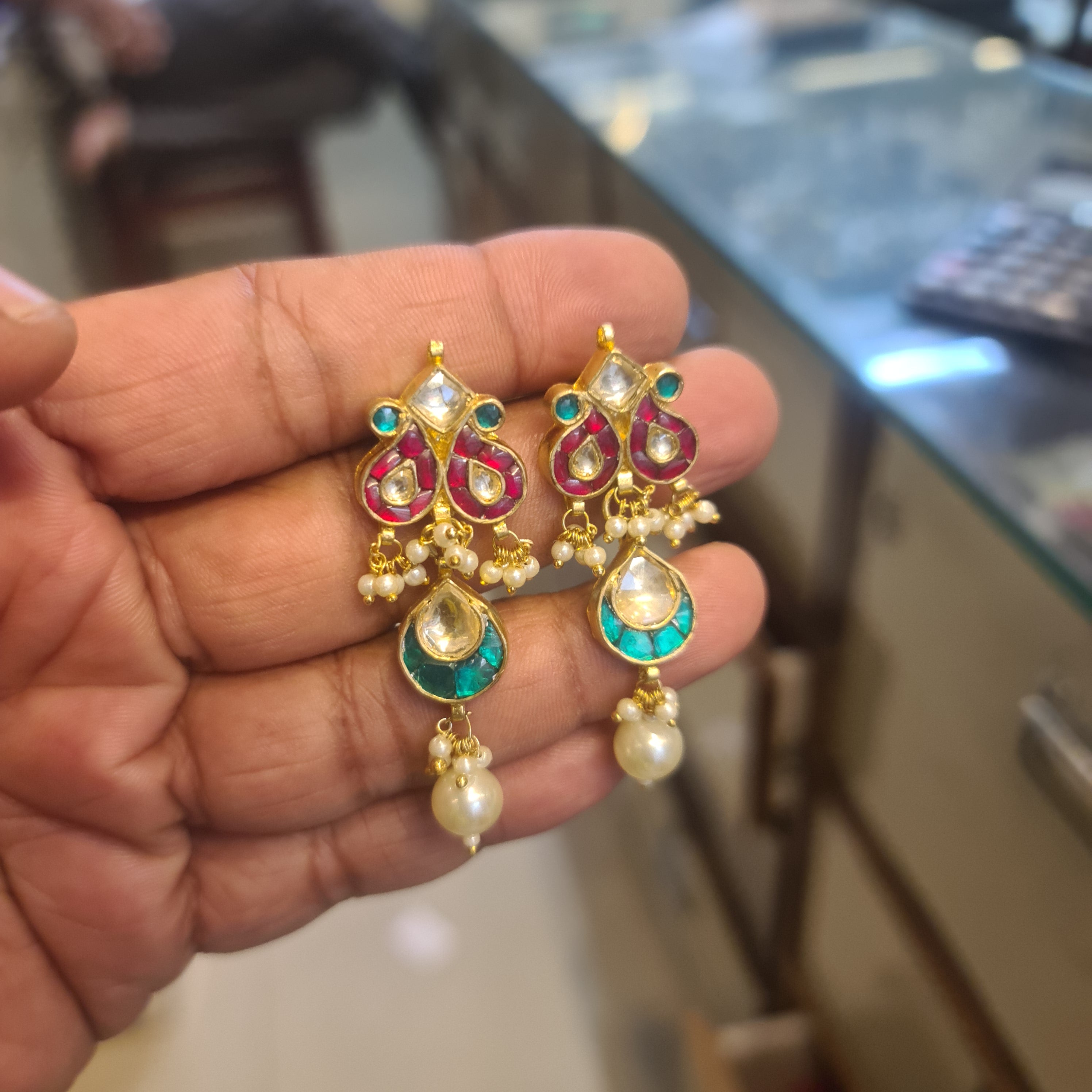 Jadau Kundan Earrings – Push Back | Ruby Red & Teal Enamel with Pearl Drop