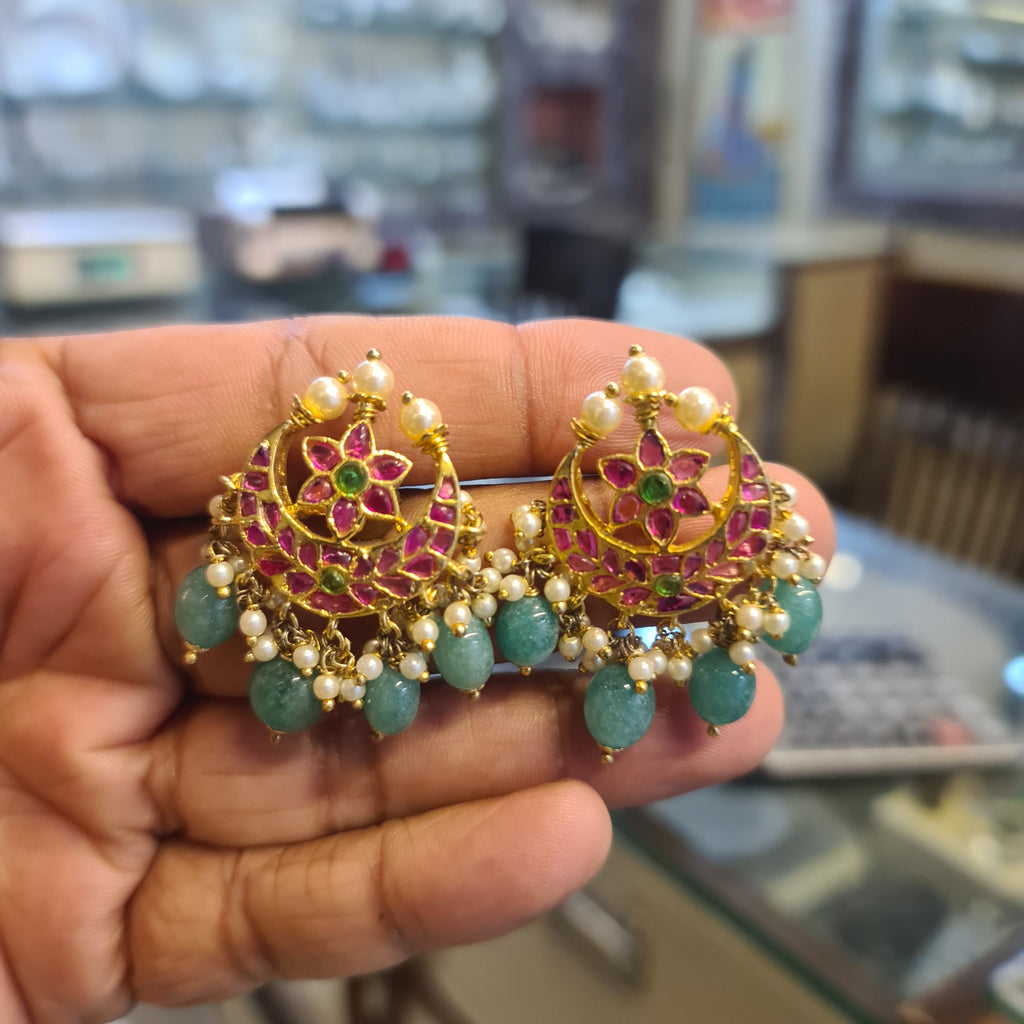 Kempu Chandbali Earrings – Push Back | Flower Motif with Turquoise & Pearl Drops