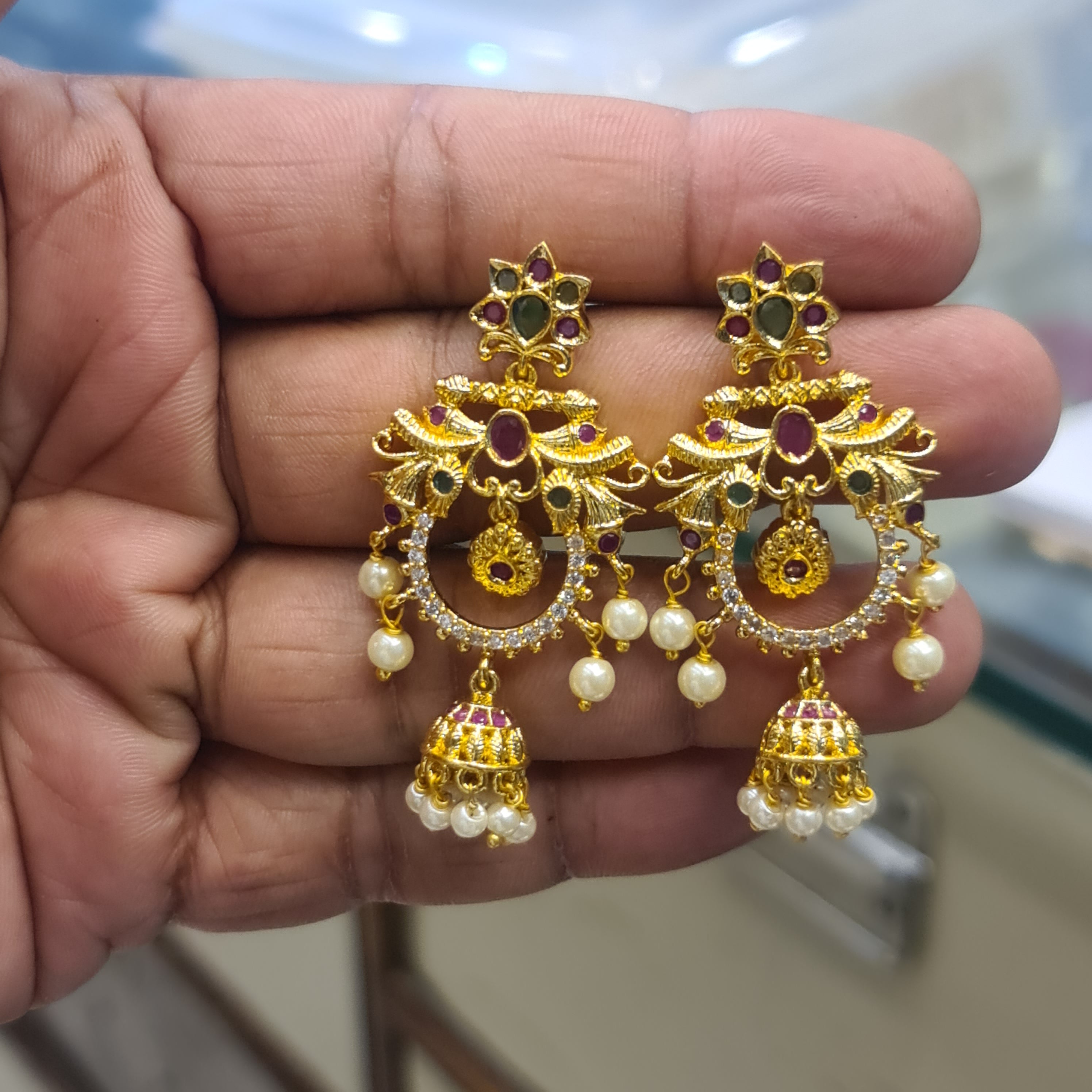 Handmade Kempu Chandbali Push Back Earrings with Jhumka Drop | Traditional Indian Jewellery