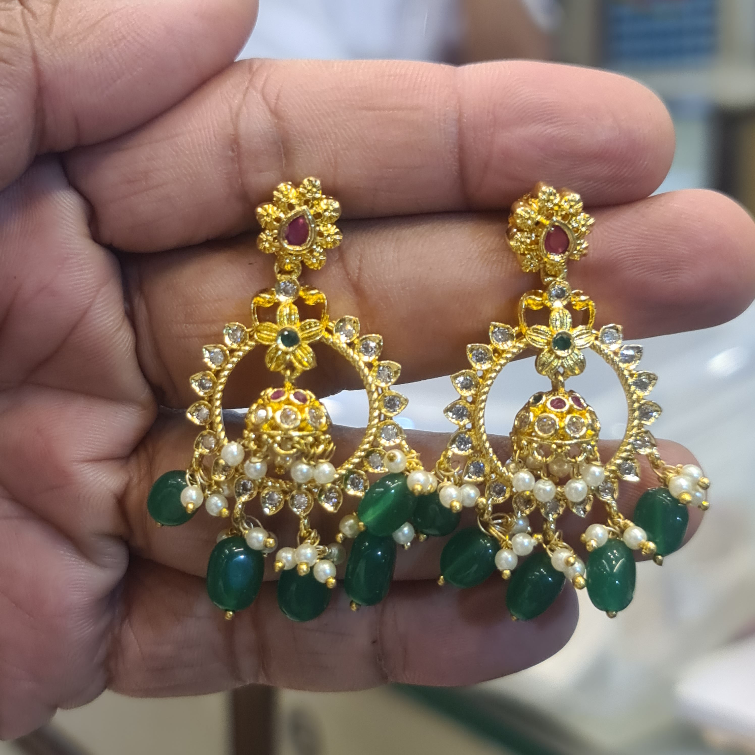 Handmade Polki Kundan Chandbali Push Back Earrings with Jhumka | Emerald & Pearl
