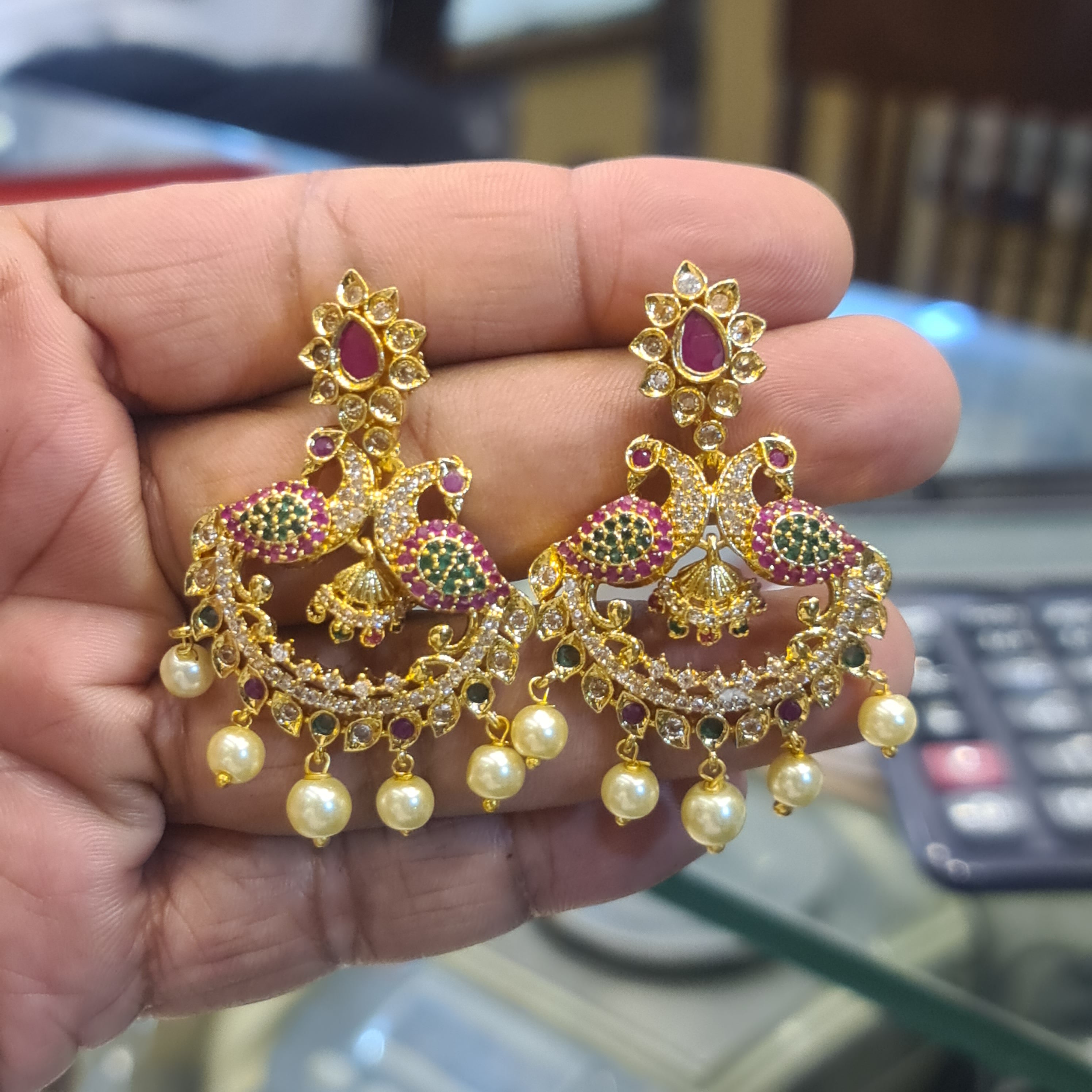 Handmade CZ Peacock Chandbali Push Back Earrings with Pearl Drops | CZ & Kempu Variants
