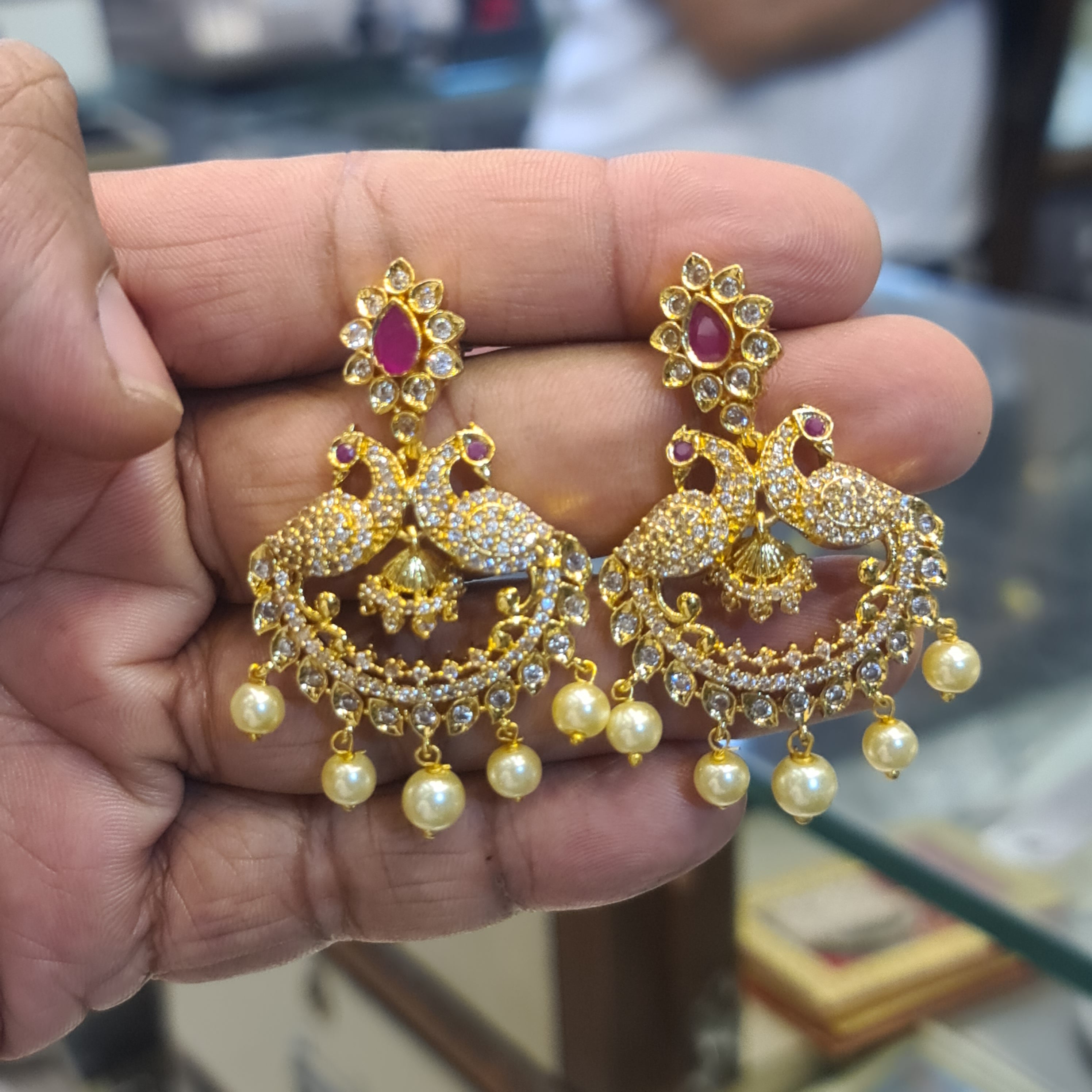Handmade CZ Peacock Chandbali Push Back Earrings with Pearl Drops | CZ & Kempu Variants