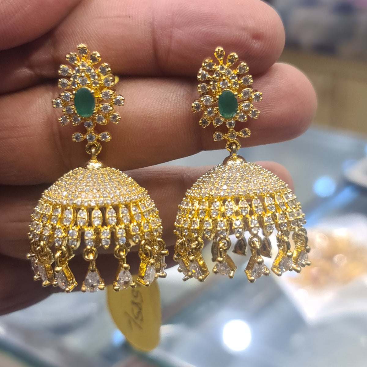 CZ Jhumka Earrings | Gold Plated | Screwback | Emerald & Ruby