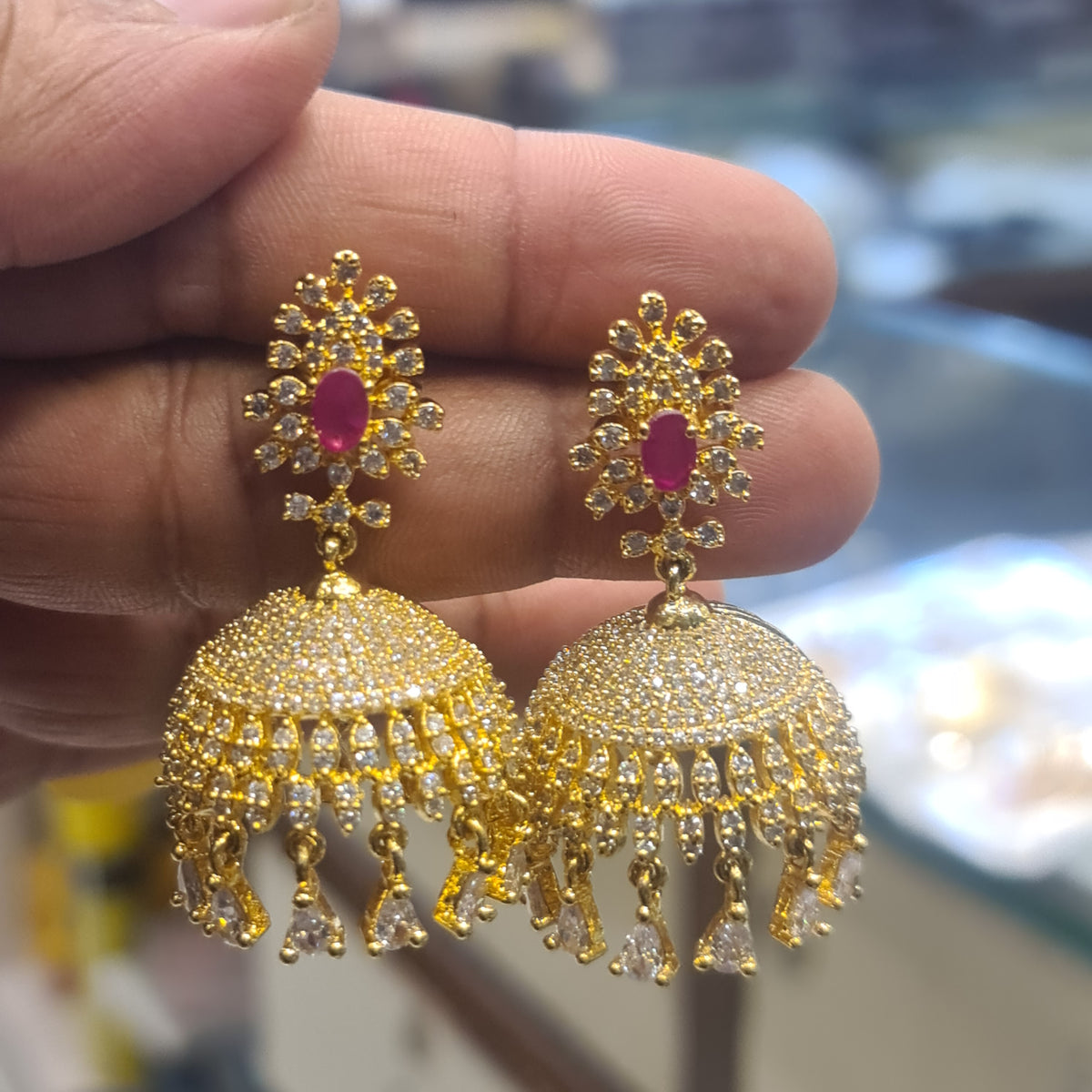 CZ Jhumka Earrings | Gold Plated | Screwback | Emerald & Ruby