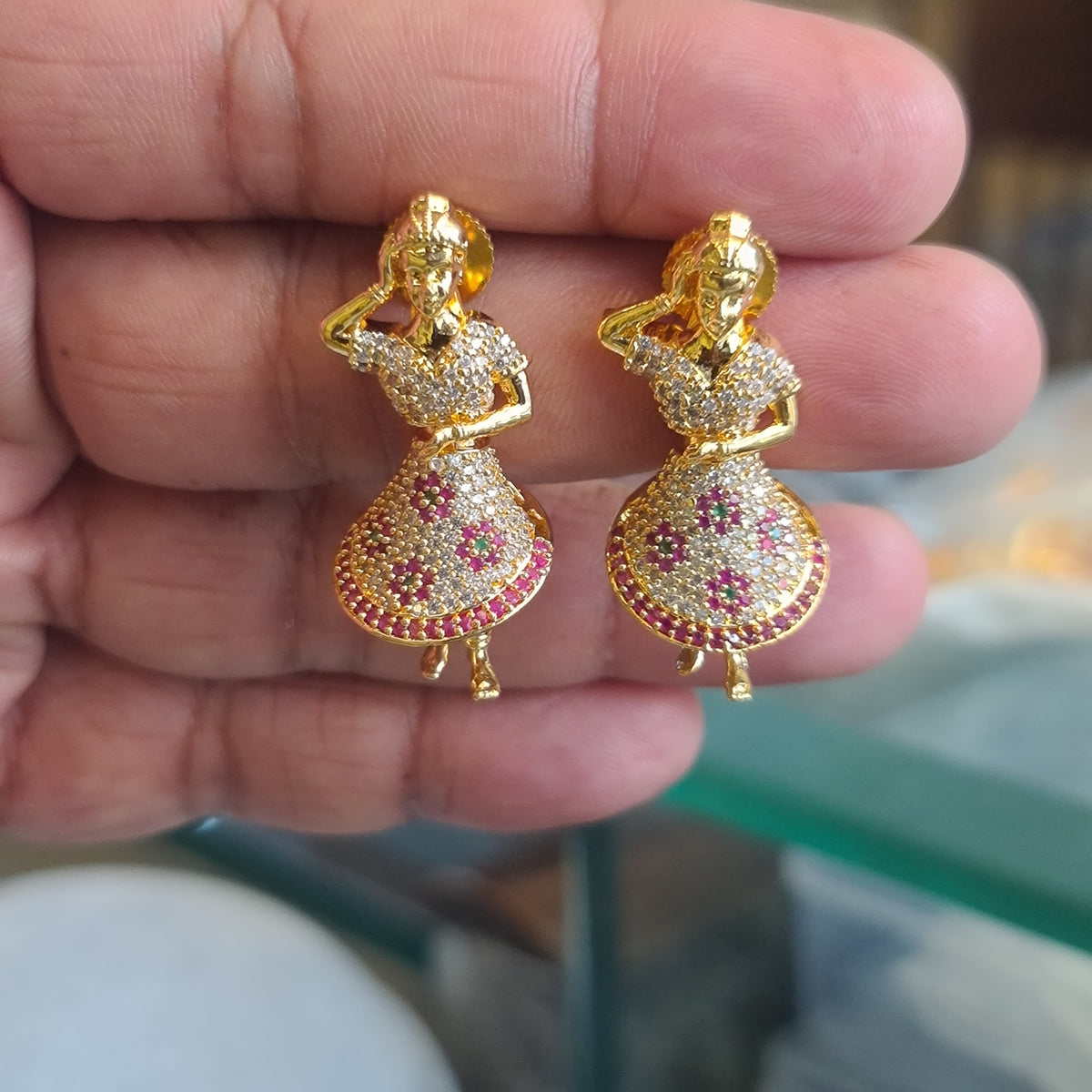 Dancing Lady Figurine Jhumka Earrings | Gold-Plated CZ Push-Back Studs