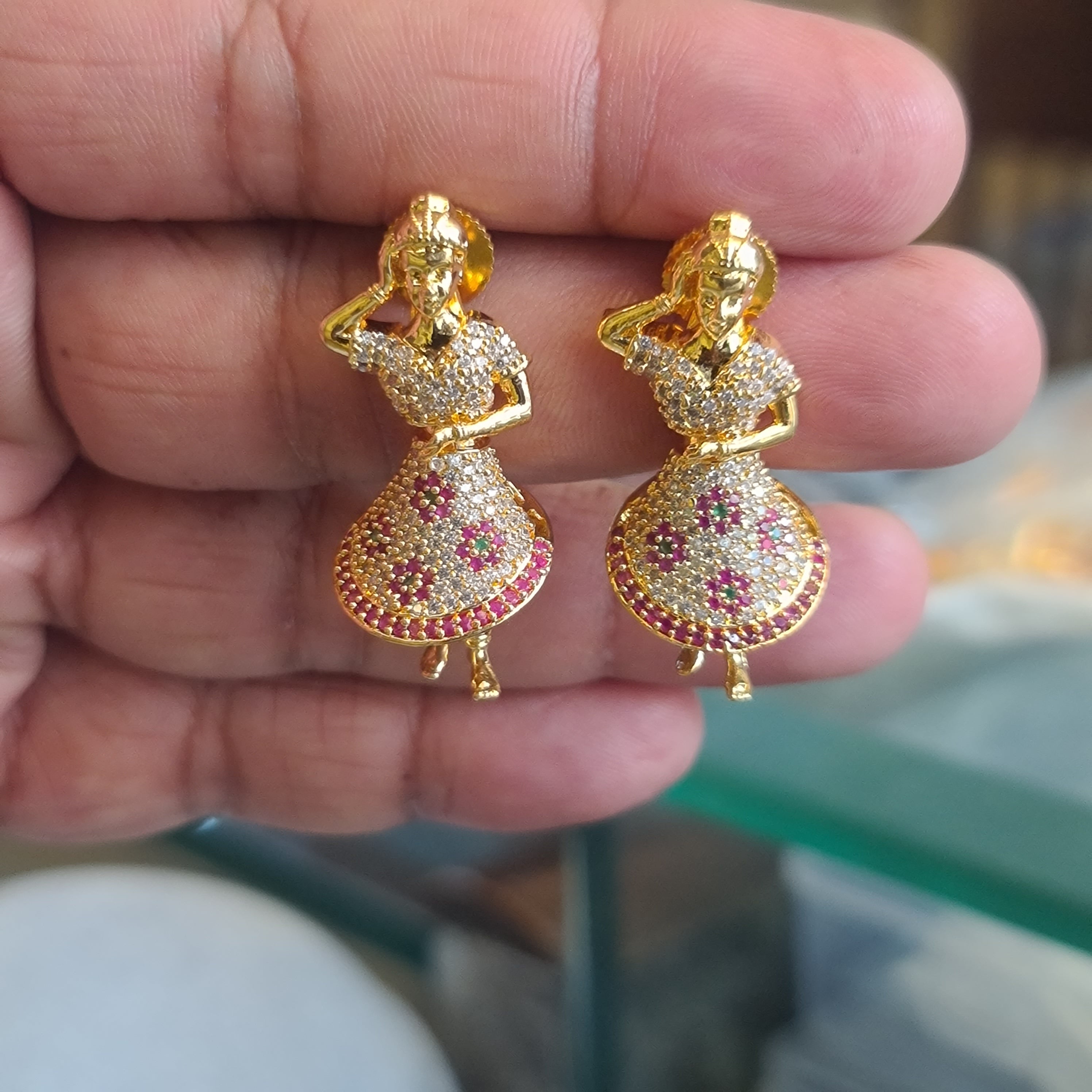 Dancing Lady Figurine Jhumka Earrings | Gold-Plated CZ Push-Back Studs