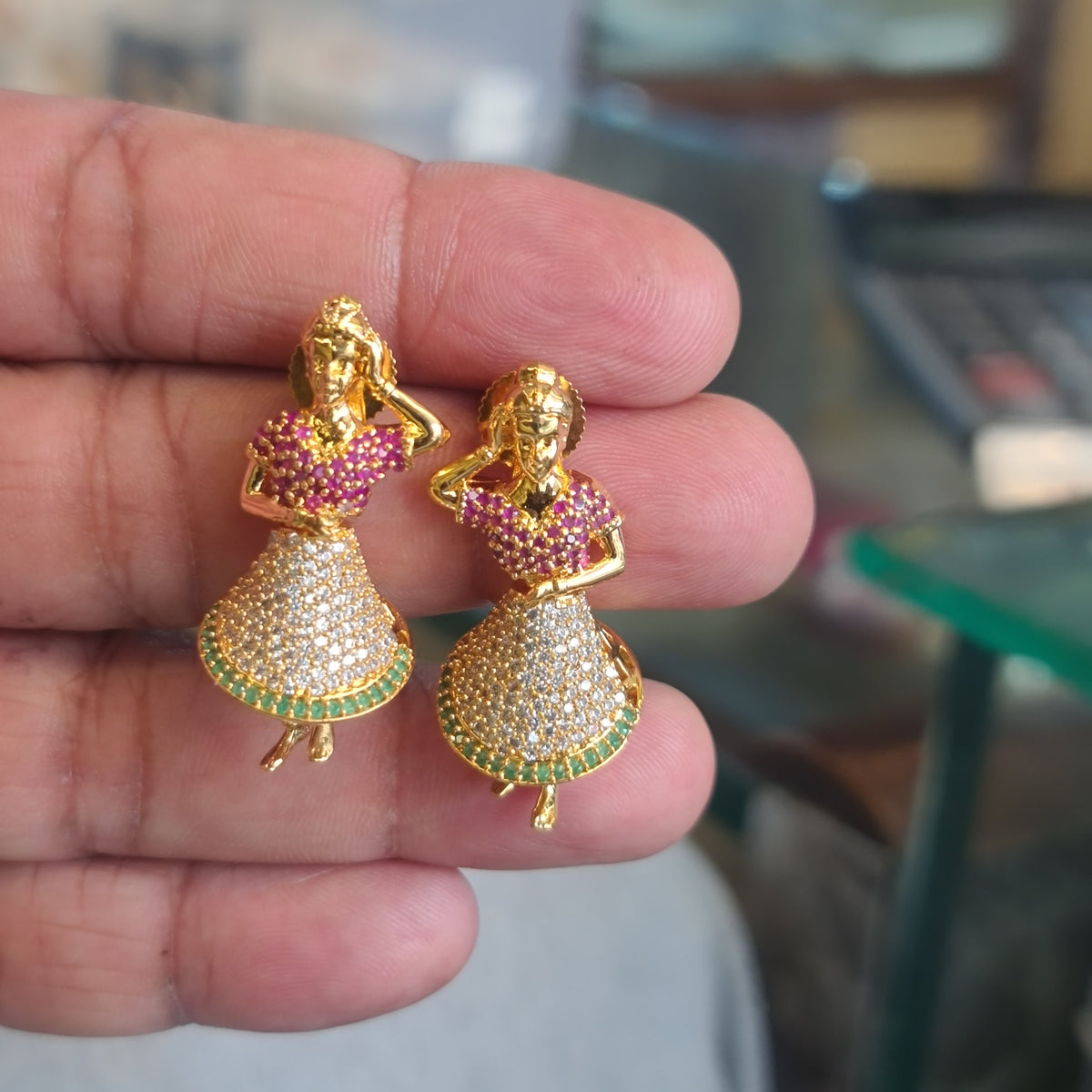Dancing Lady Figurine Jhumka Earrings | Gold-Plated CZ Push-Back Studs