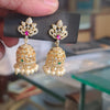 Gold-Plated Filigree Dome Jhumka Earrings | CZ Floral Stud with Multi-Pearl Drops