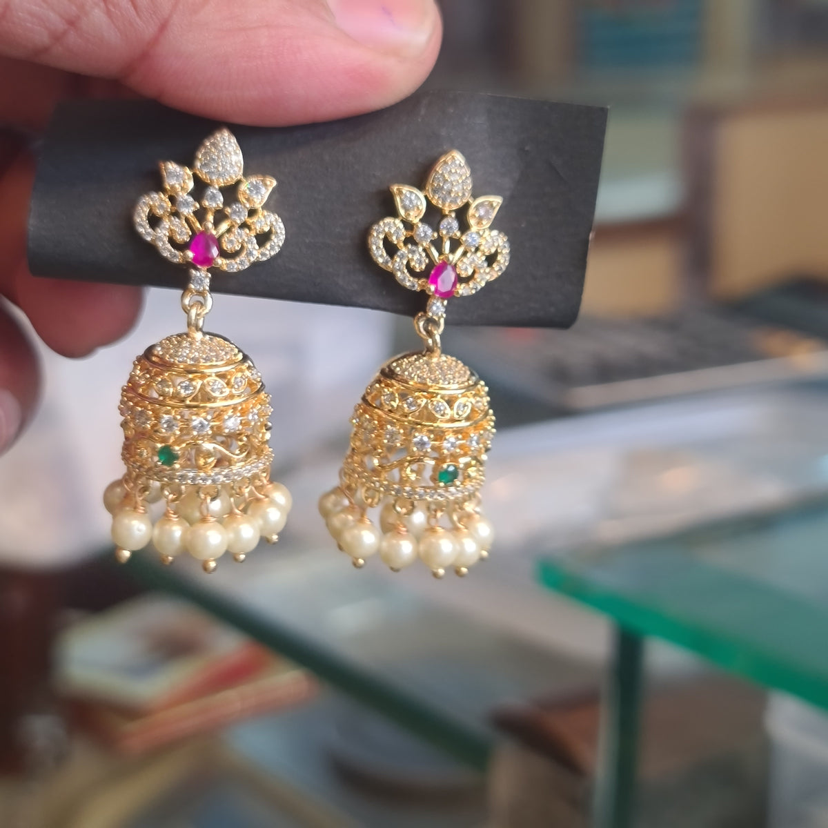 Gold-Plated Filigree Dome Jhumka Earrings | CZ Floral Stud with Multi-Pearl Drops