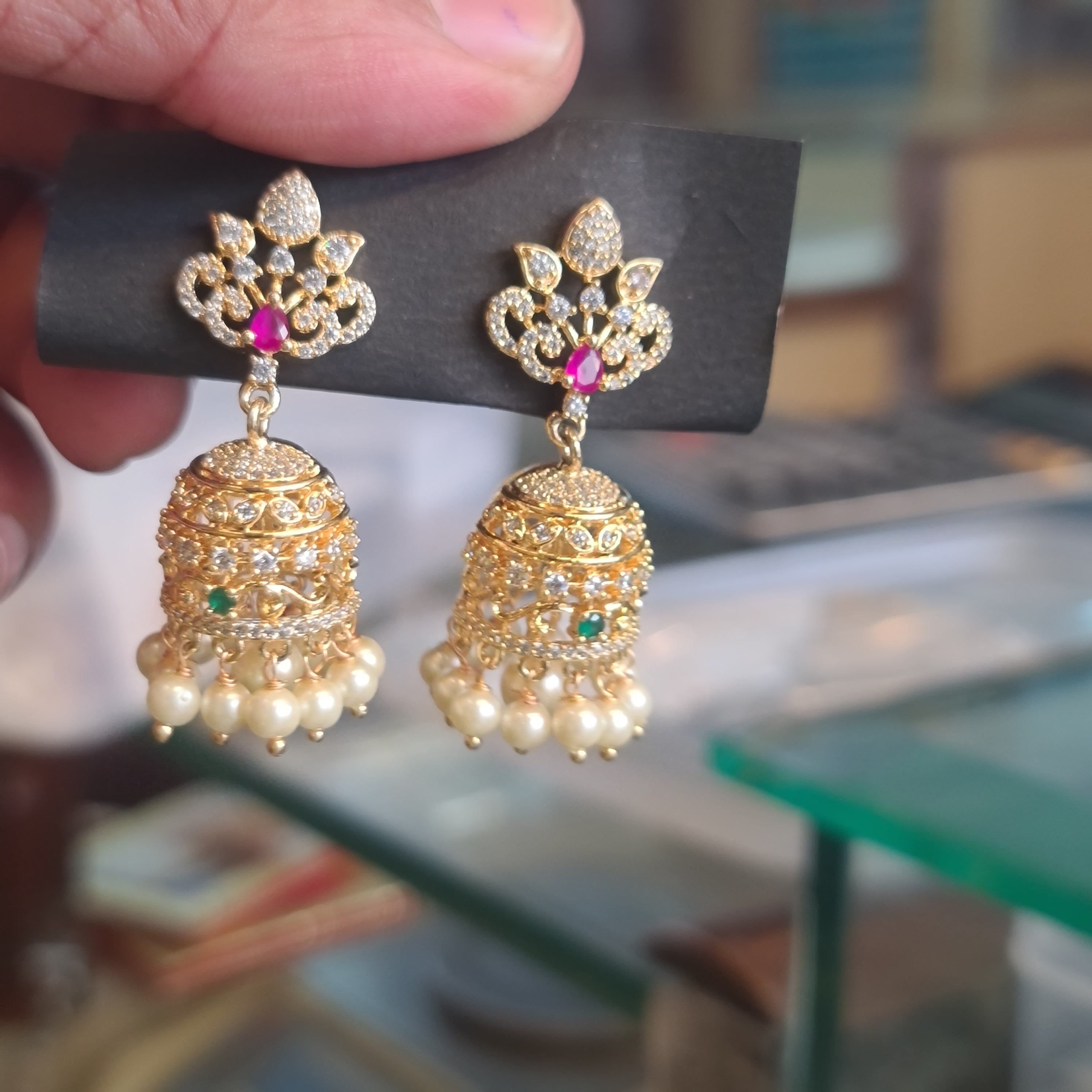 Gold-Plated Filigree Dome Jhumka Earrings | CZ Floral Stud with Multi-Pearl Drops