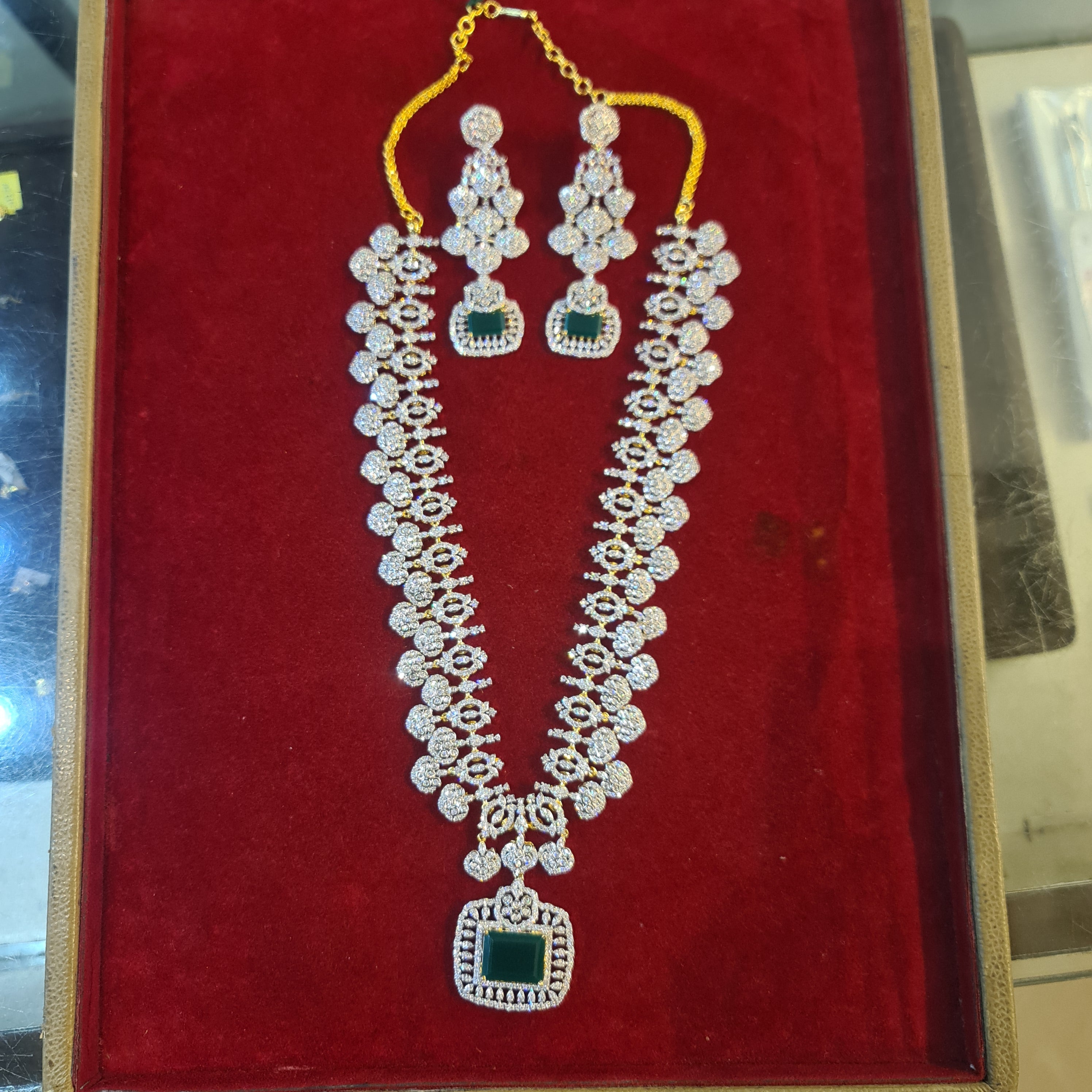 CZ Diamond Long Necklace Set with Earrings – Emerald Green – Full Set