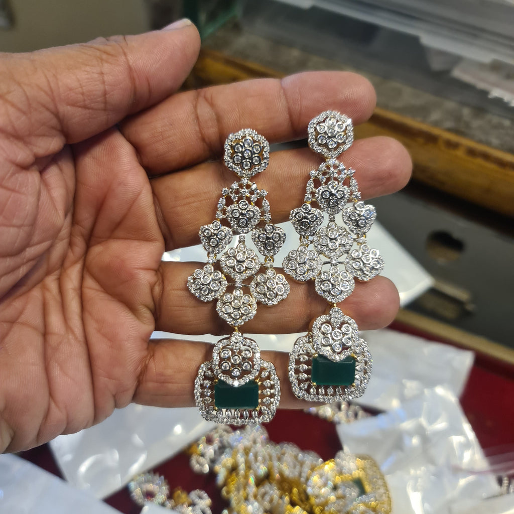 CZ Diamond Long Earrings – Emerald Green – Close Up