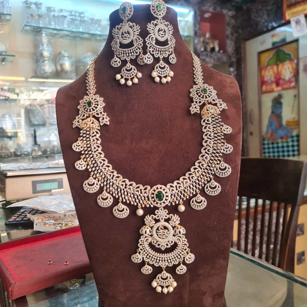 CZ Diamond Long Necklace Set - Emerald - Display