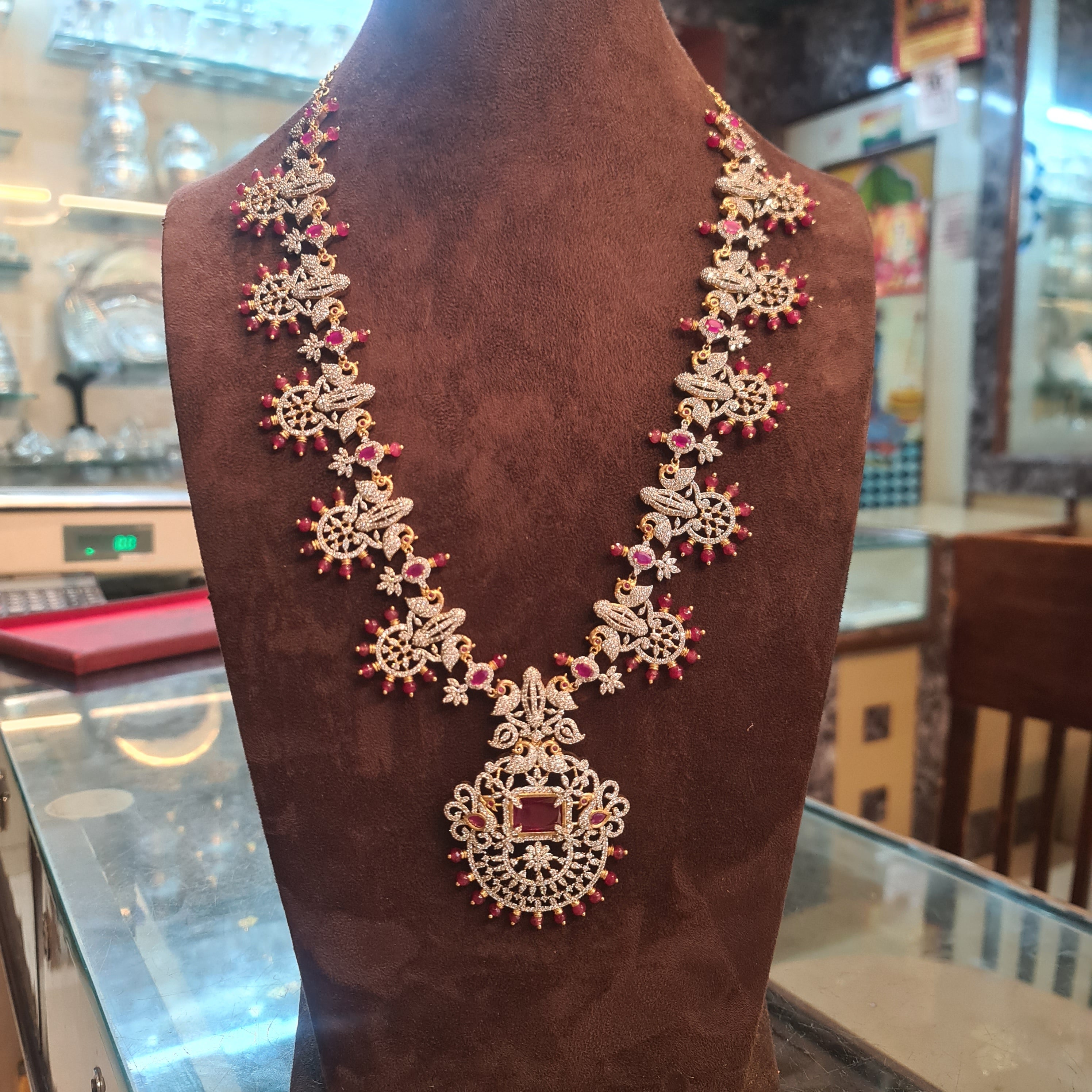CZ Long Haram Necklace Set - Emerald Green - Original