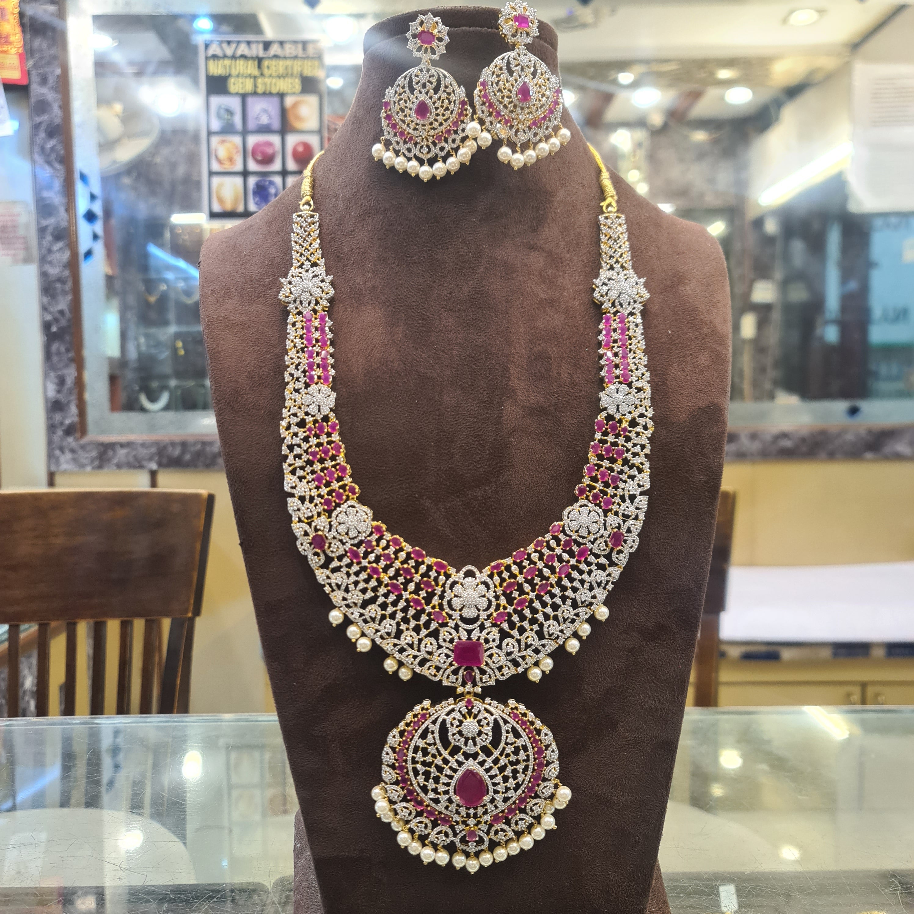 CZ Diamond Long Haram Set with Chandbali Earrings | Emerald & Ruby