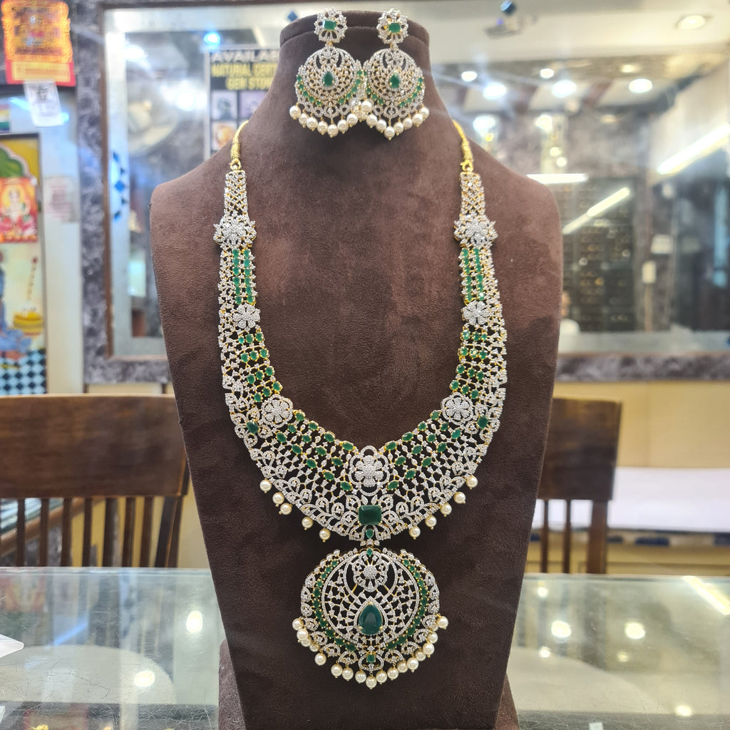 CZ Diamond Long Haram Set with Chandbali Earrings | Emerald & Ruby