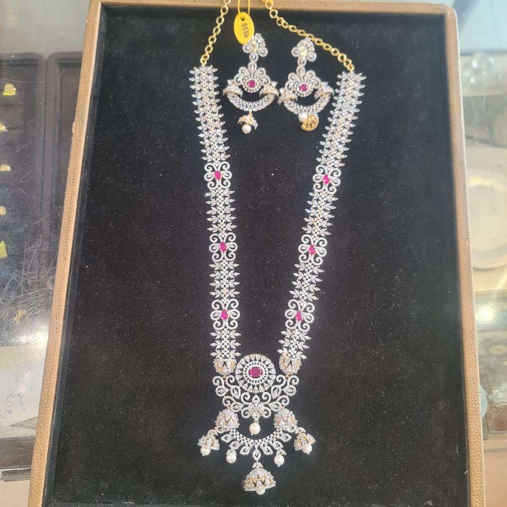CZ Diamond Replica Long Haram Necklace Set - Ruby variant