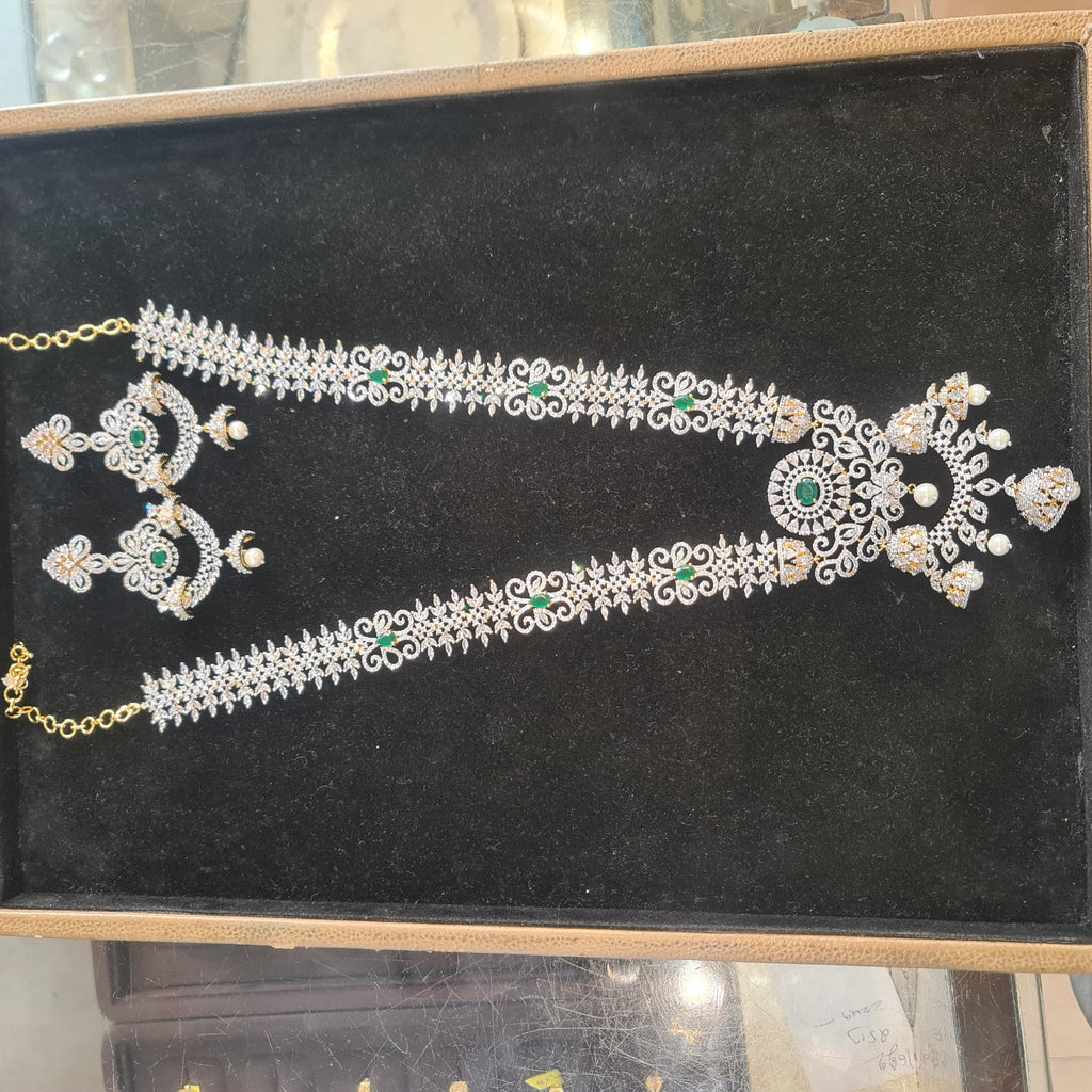 CZ Diamond Replica Long Haram Necklace Set - Emerald variant