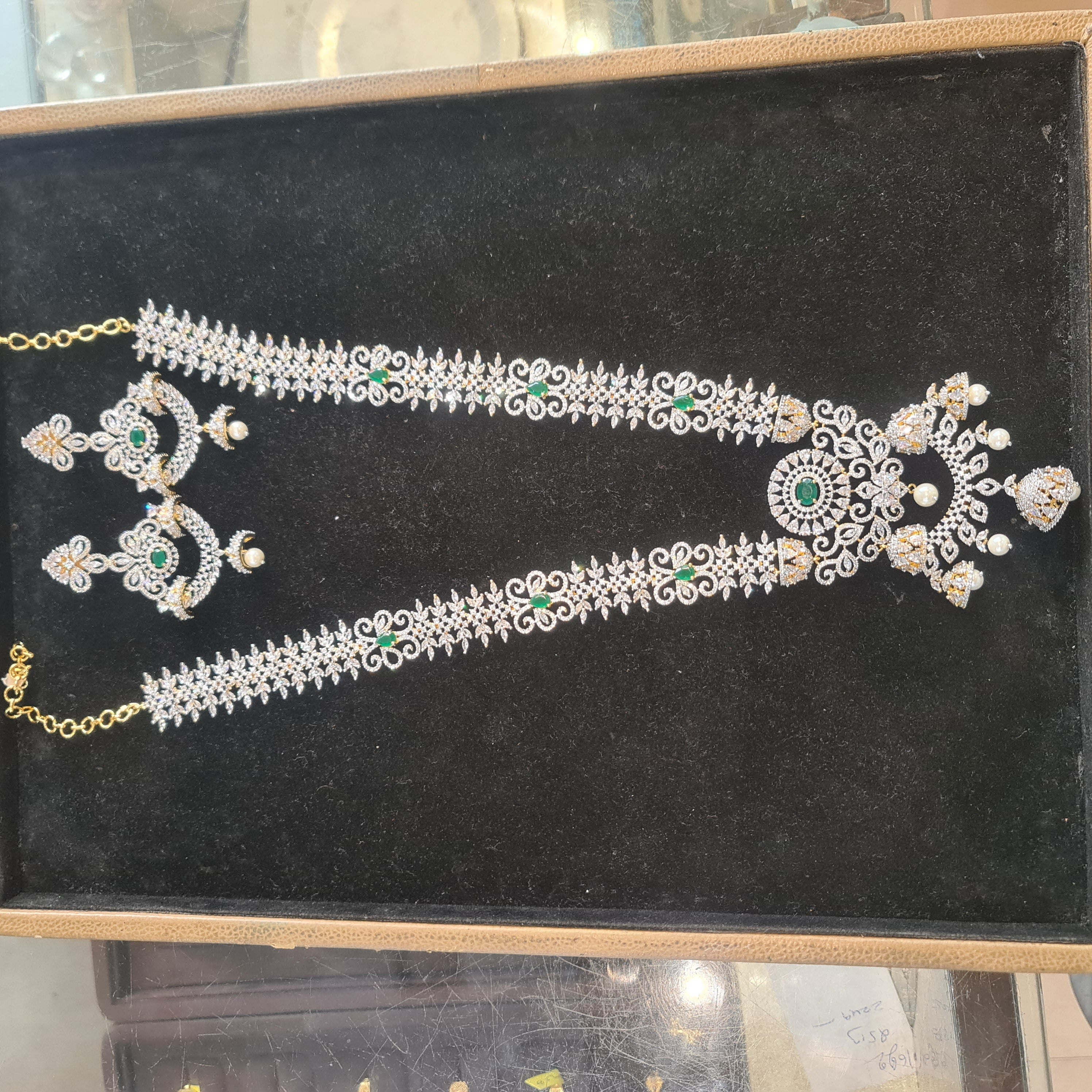 CZ Diamond Replica Long Haram Necklace Set - Emerald variant