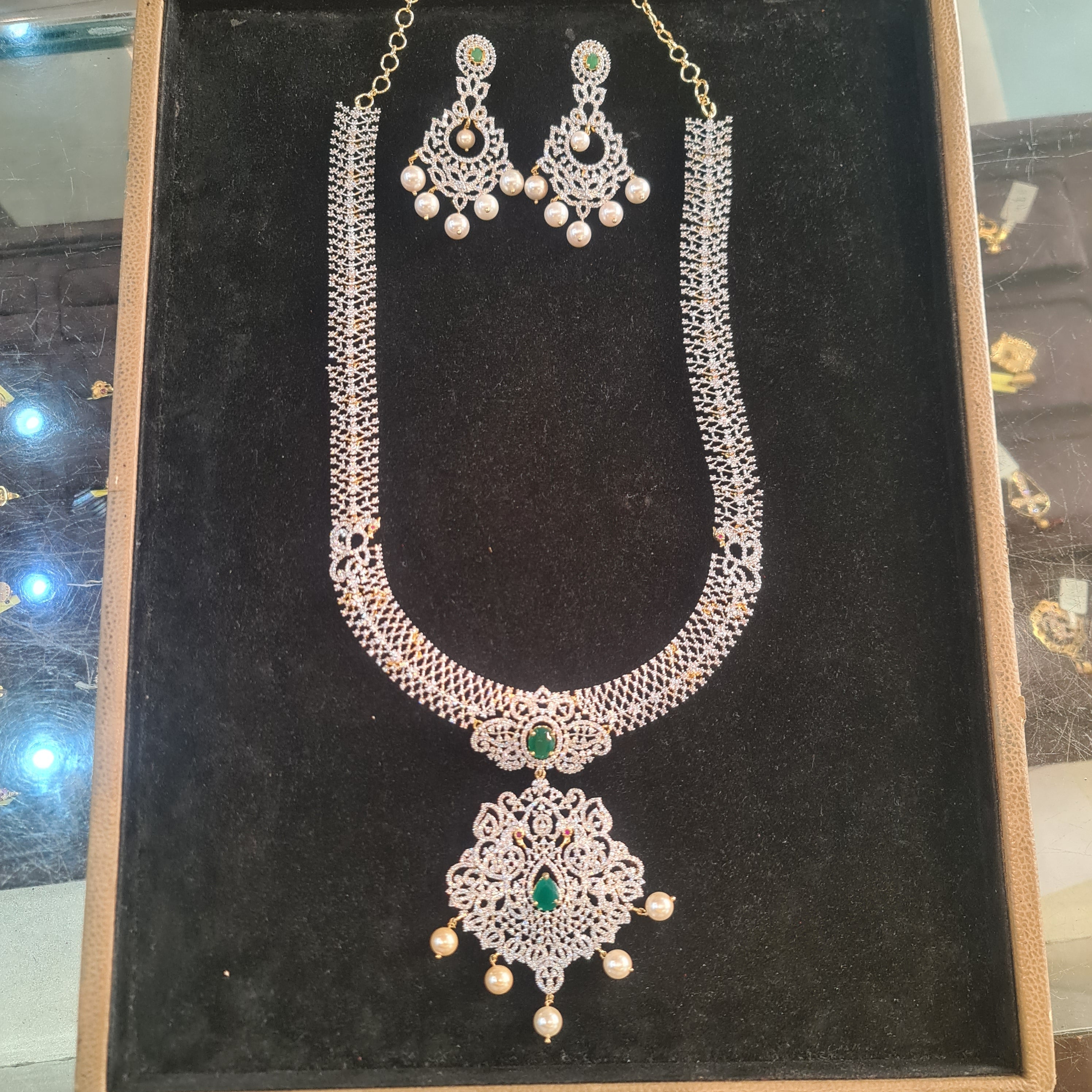 CZ Diamond Replica Long Haram Necklace Set with Emerald Stones and Pearl Drops