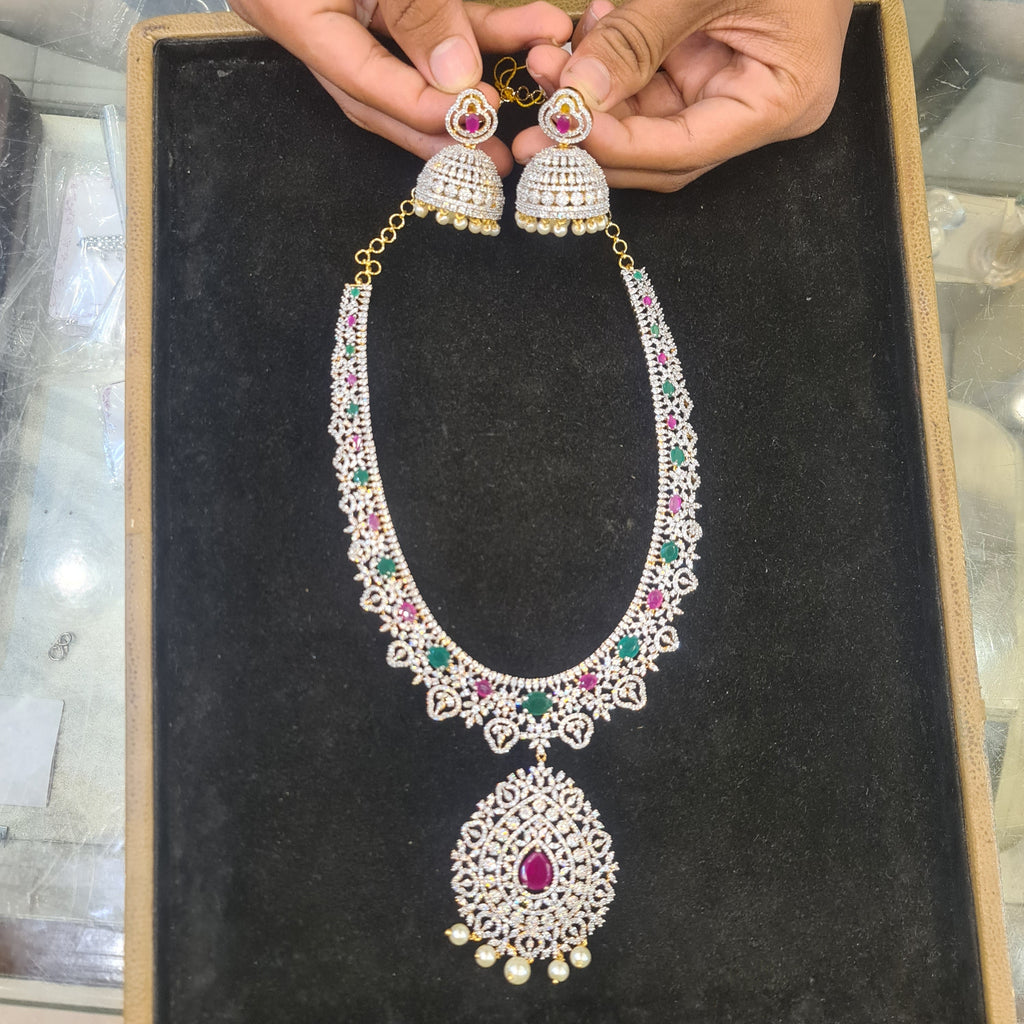 CZ American Diamond Necklace Set with Jhumka Earrings | Ruby & Emerald | Gold Plated