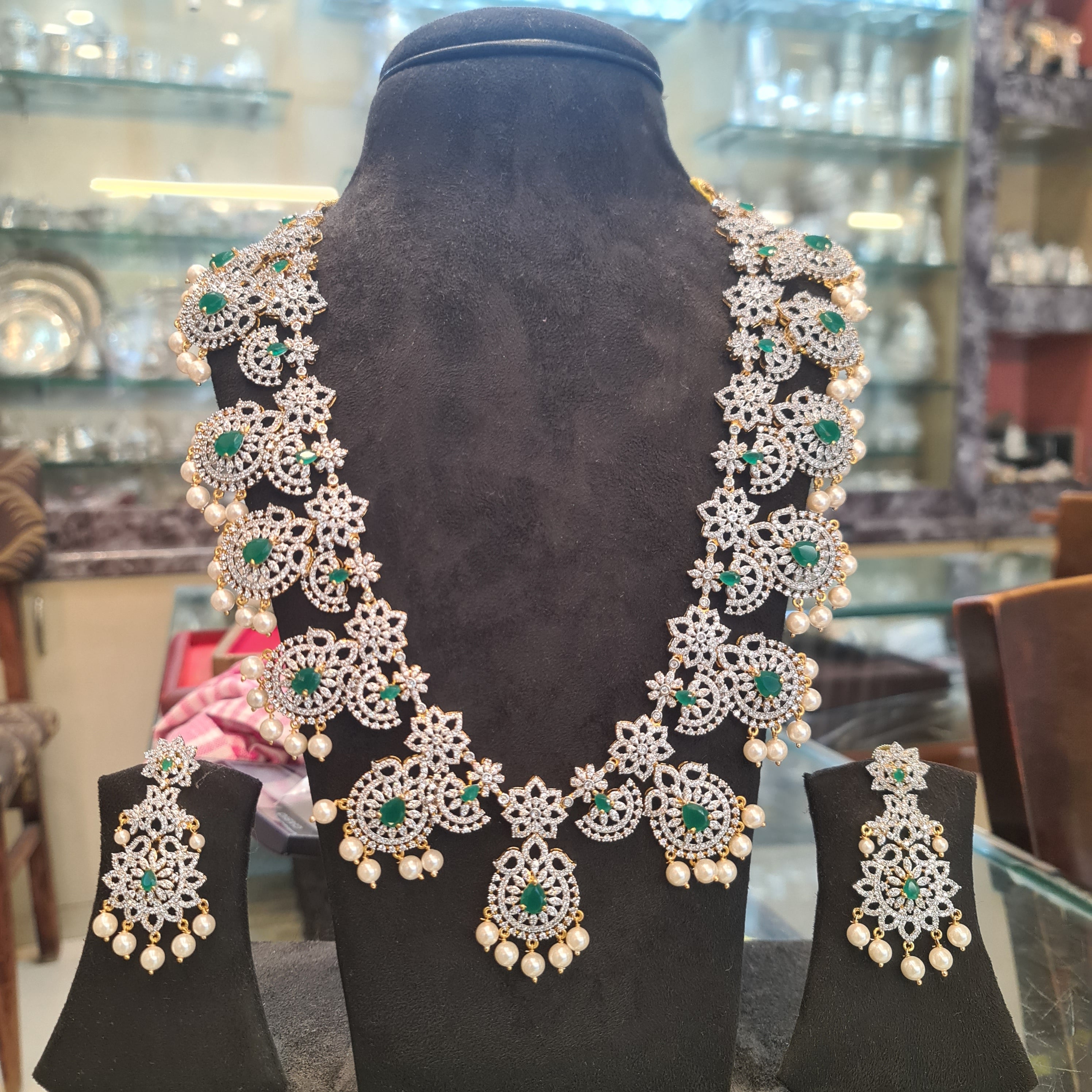CZ Diamond Long Haram Necklace Set with Pearl Drops | Ruby & Emerald | 26 Inch