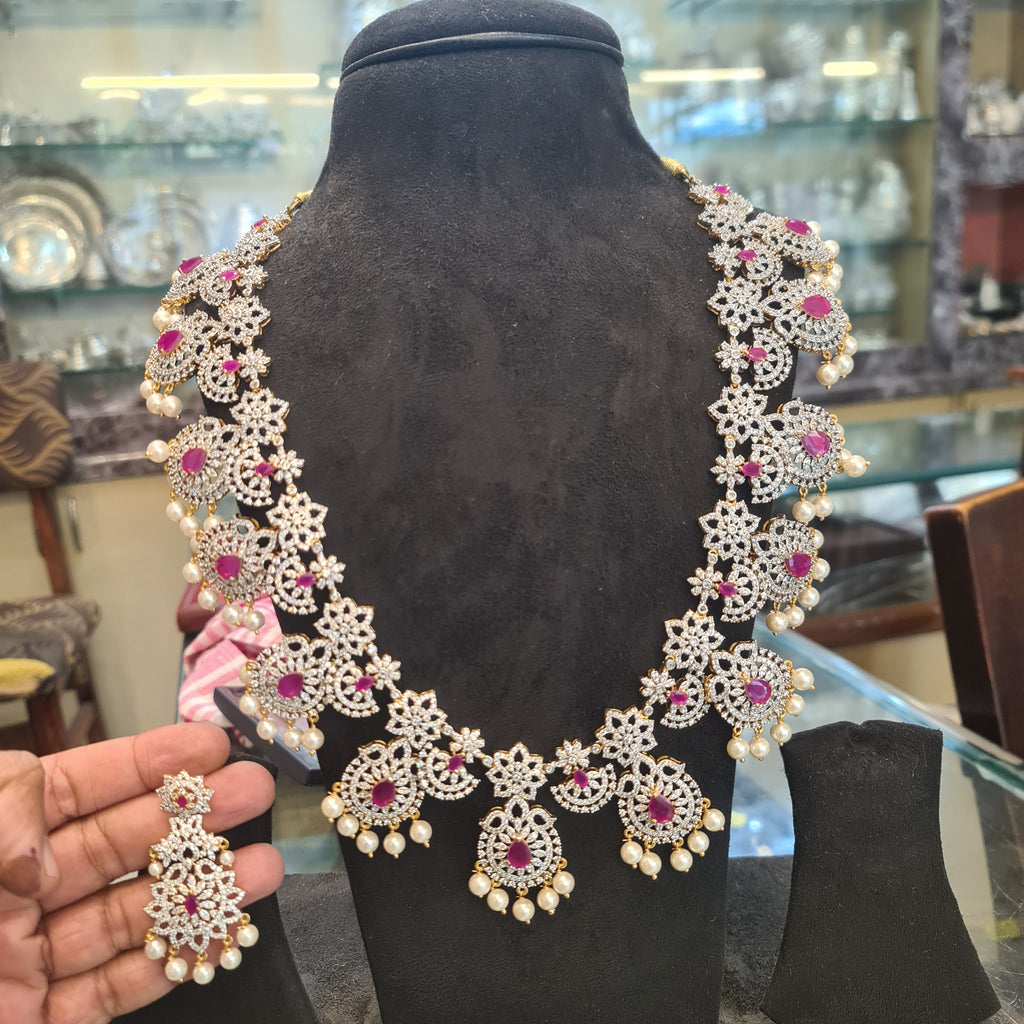 CZ Diamond Long Haram Necklace Set with Pearl Drops | Ruby & Emerald | 26 Inch