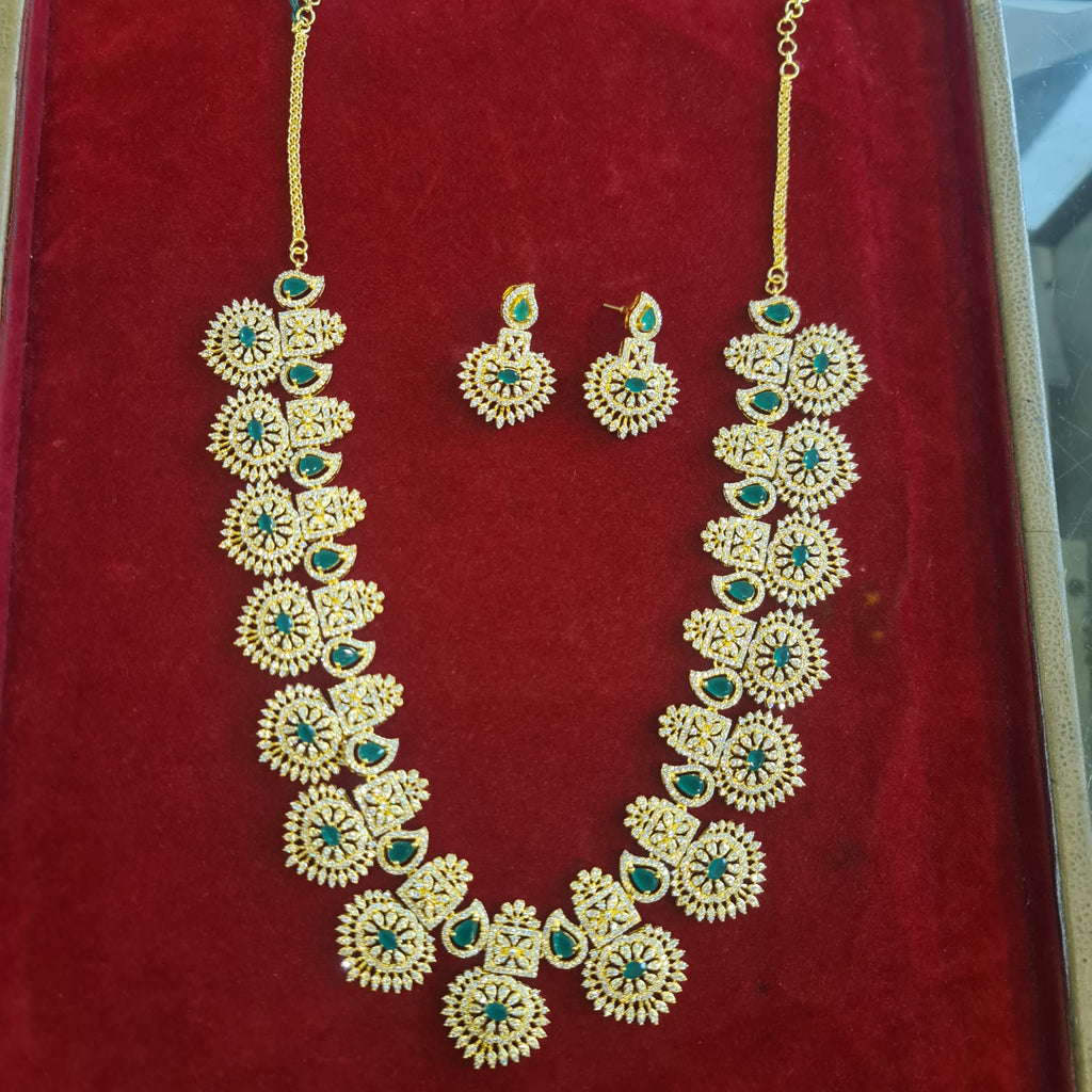 Bhaumi American Diamond Long Haram - Traditional Bridal Necklace Set