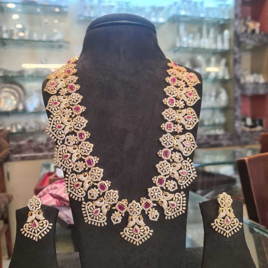 CZ Diamond & Ruby Long Haram Necklace Set | 24K Gold Plated | 24 Inch