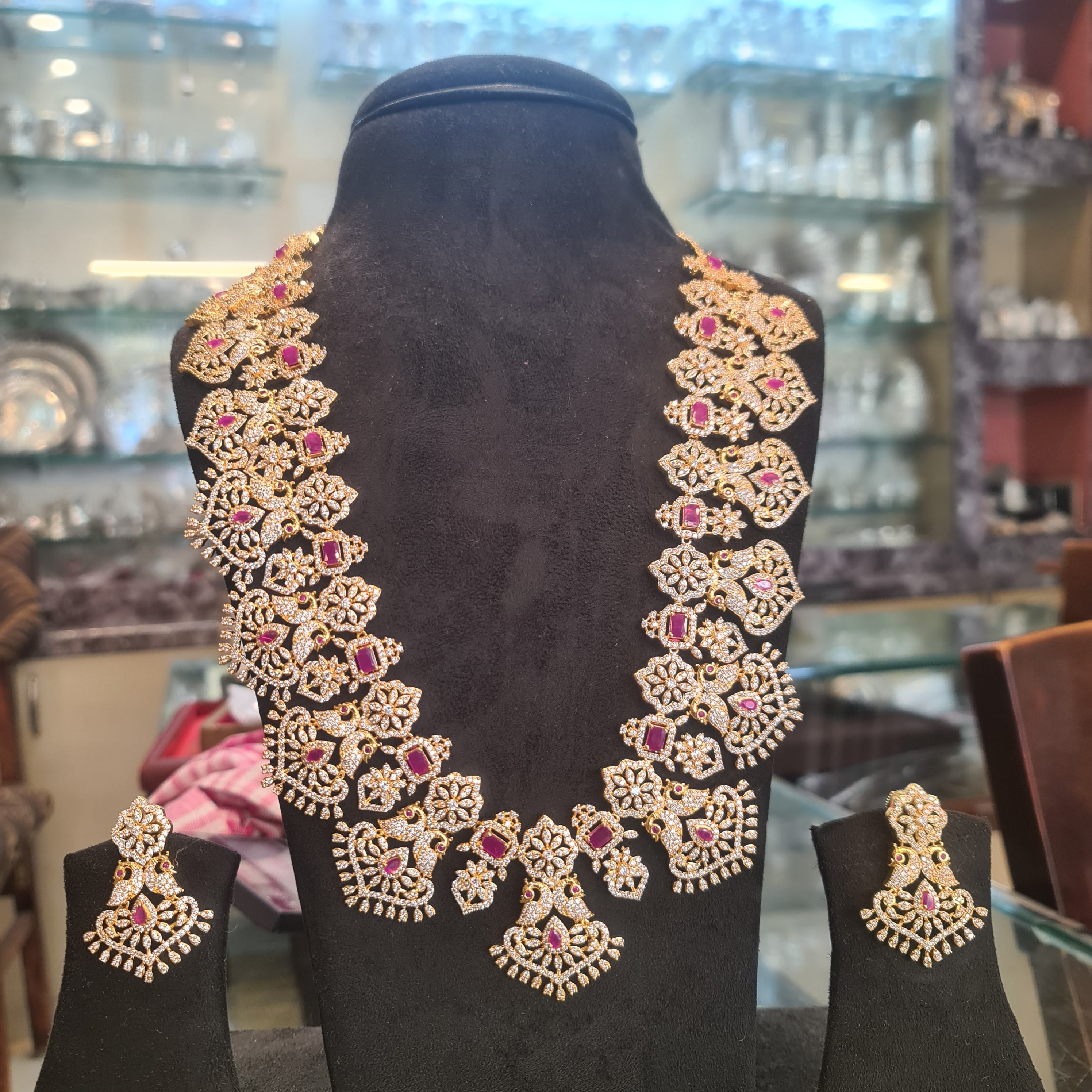 CZ Diamond & Ruby Long Haram Necklace Set | 24K Gold Plated | 24 Inch