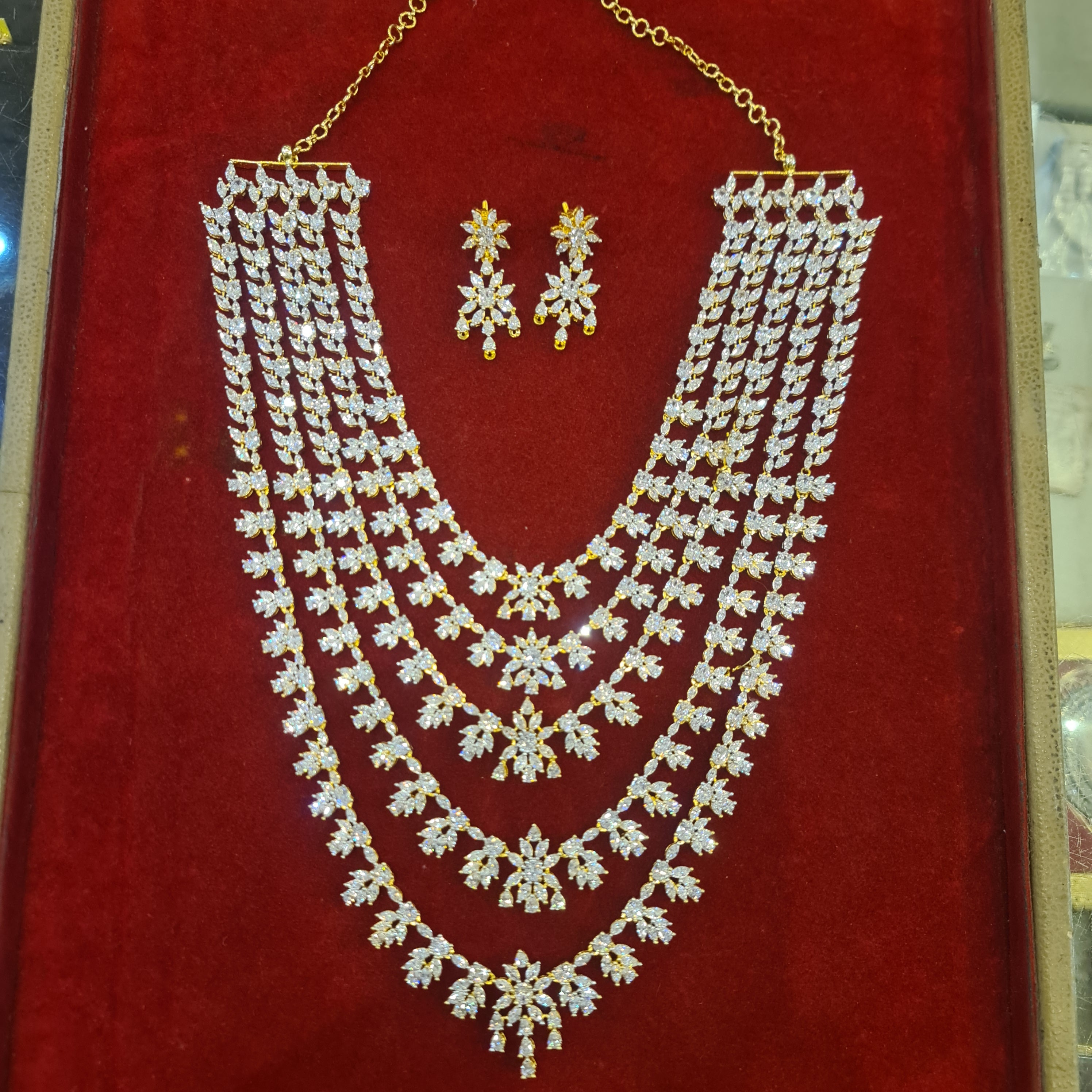 5-Layered All CZ Diamond Leaf Motif Long Haram Necklace Set | 26 Inch 24K Gold Plated Bridal Jewelry with Earrings