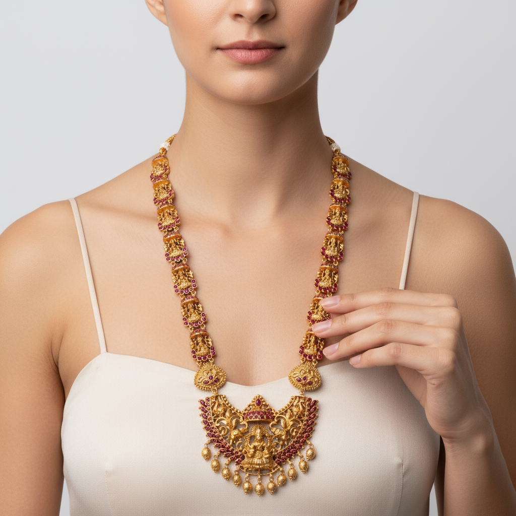 Charming Goddess Laxmi Temple Antique Necklace Set - Kempu Stones