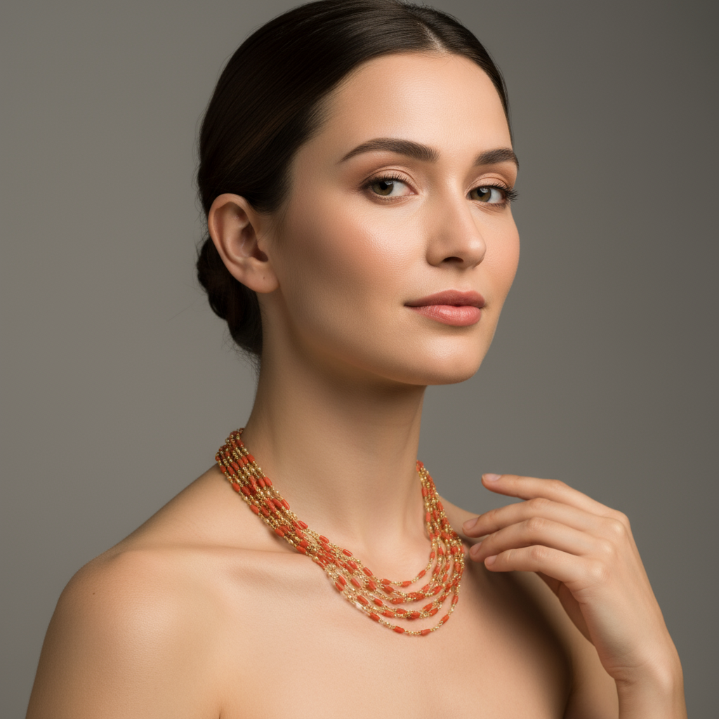 24K Gold Plated 5 Layer Coral Pearls Chain - 18 Inches
