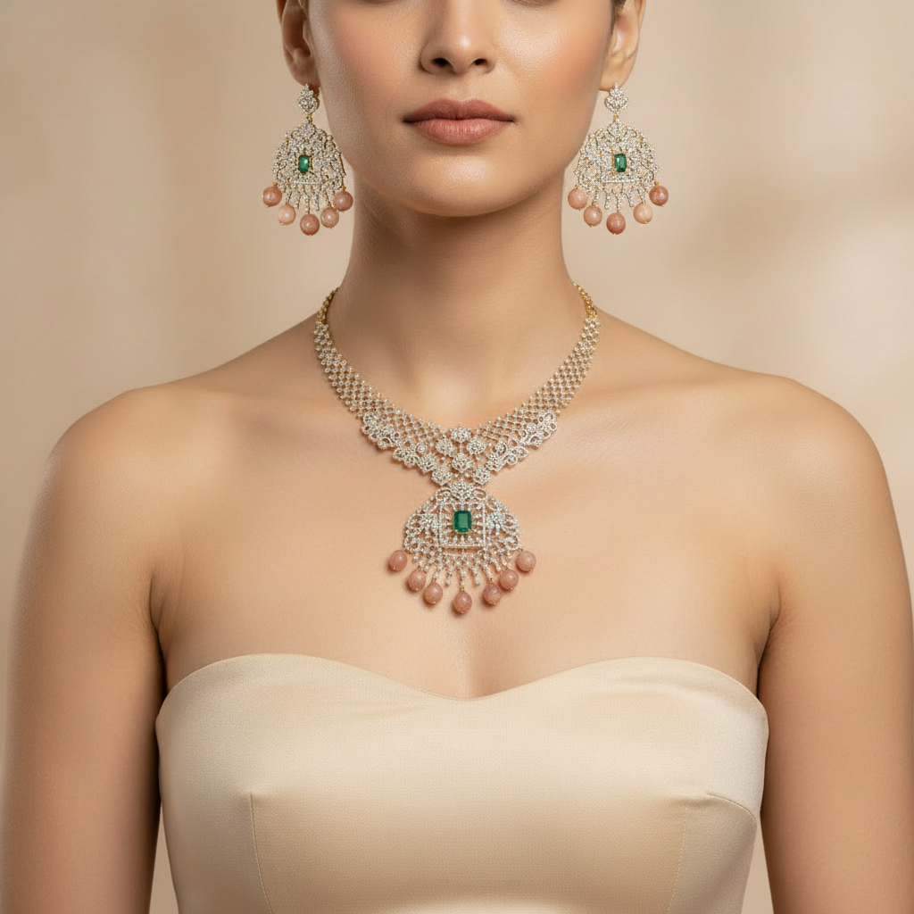 24K Gold Plated American Diamond Necklace Set with Ruby