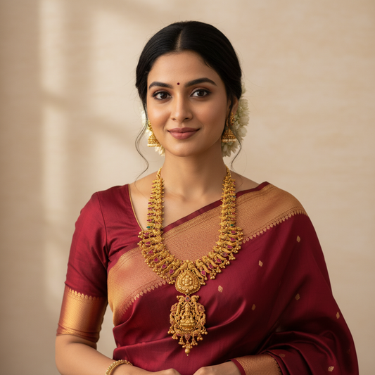 24K Gold Plated Antique Lakshmi Peacock Haram Necklace Set 
