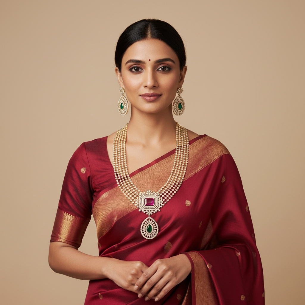 24K Gold Plated CZ Temple Necklace Set - Premium Bridal Jewelry