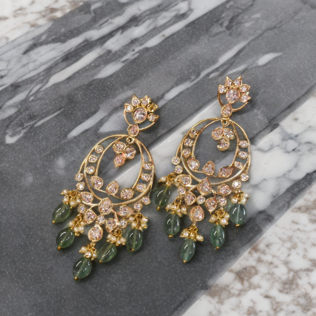 24K Gold Plated Green Beads Hanging Chandbali Earrings - Screwback Design