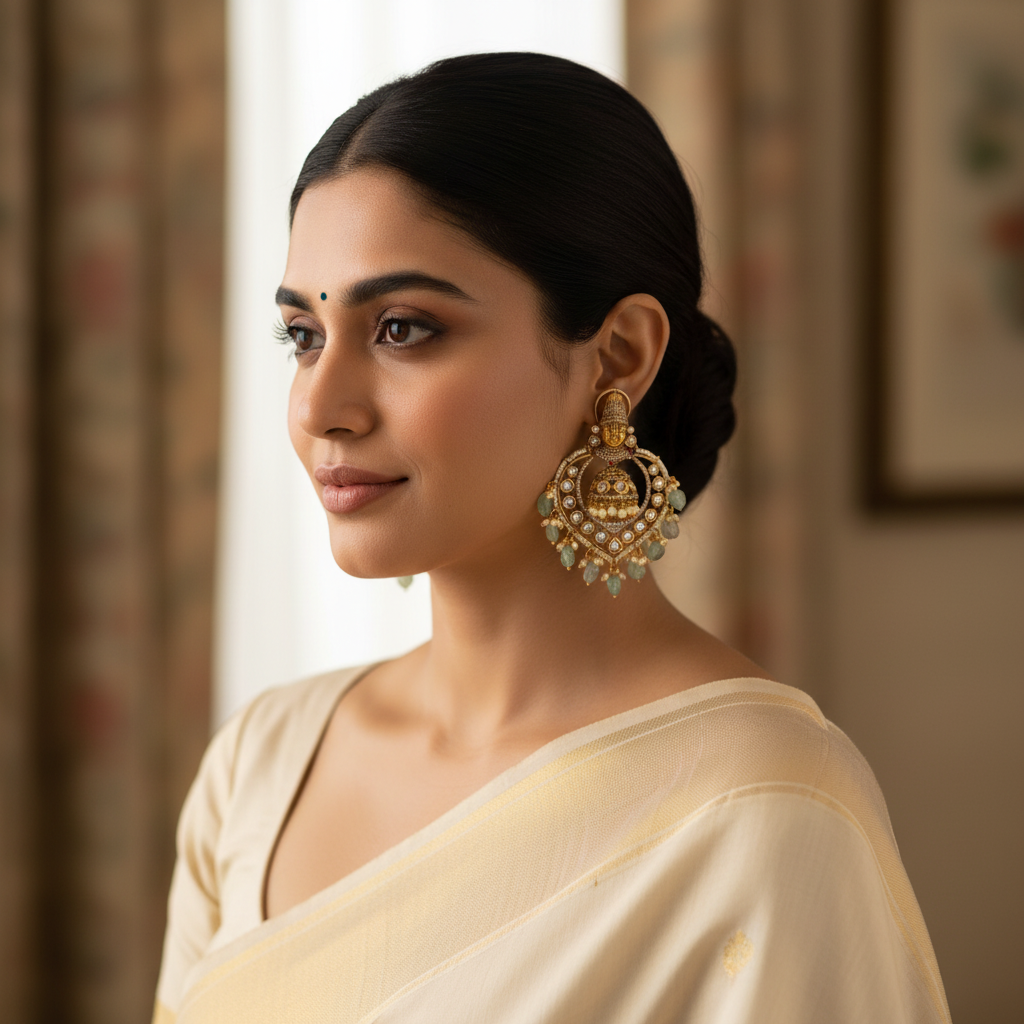 24K Gold Plated Kundan Chandbali Earrings - Tirupati Balaji Temple Jewelry