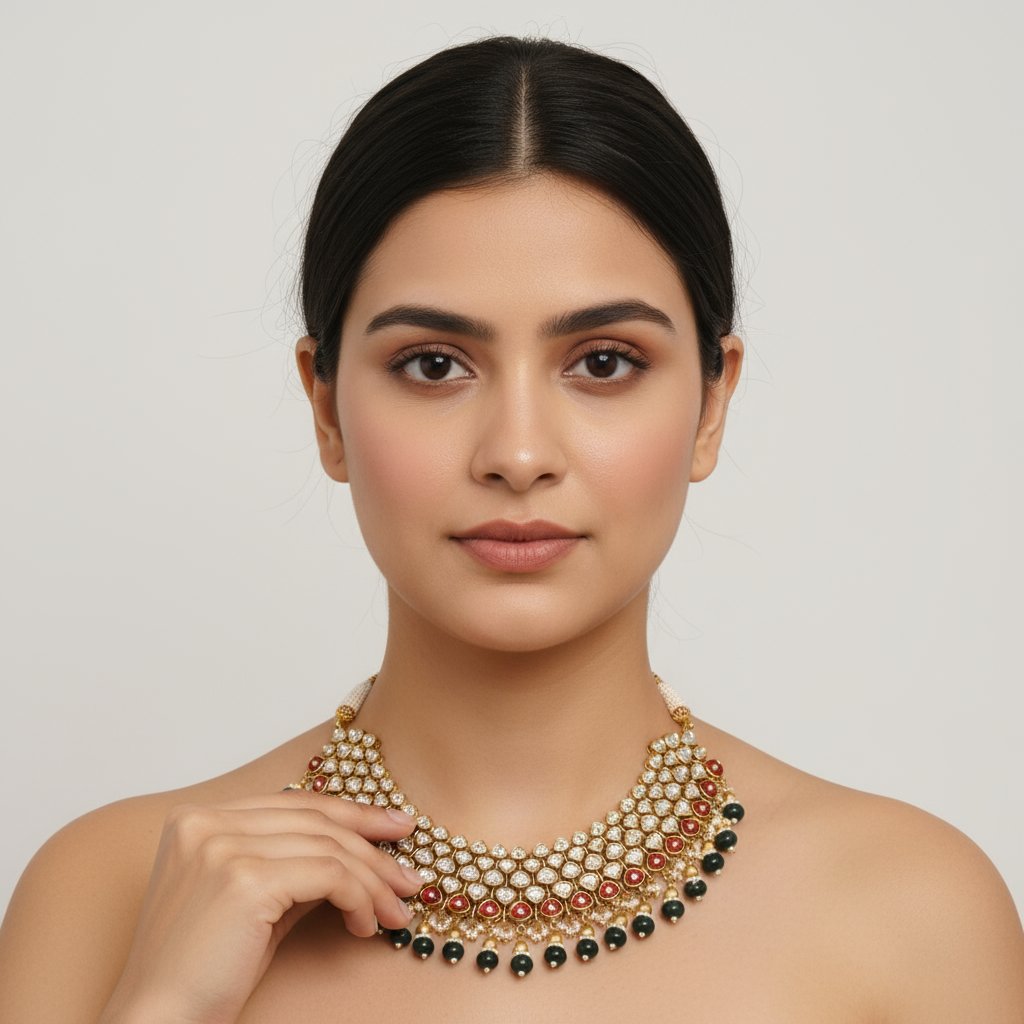 24K Gold Plated Kundan Necklace Set with Chandelier Earrings - Traditional Indian Jewelry
